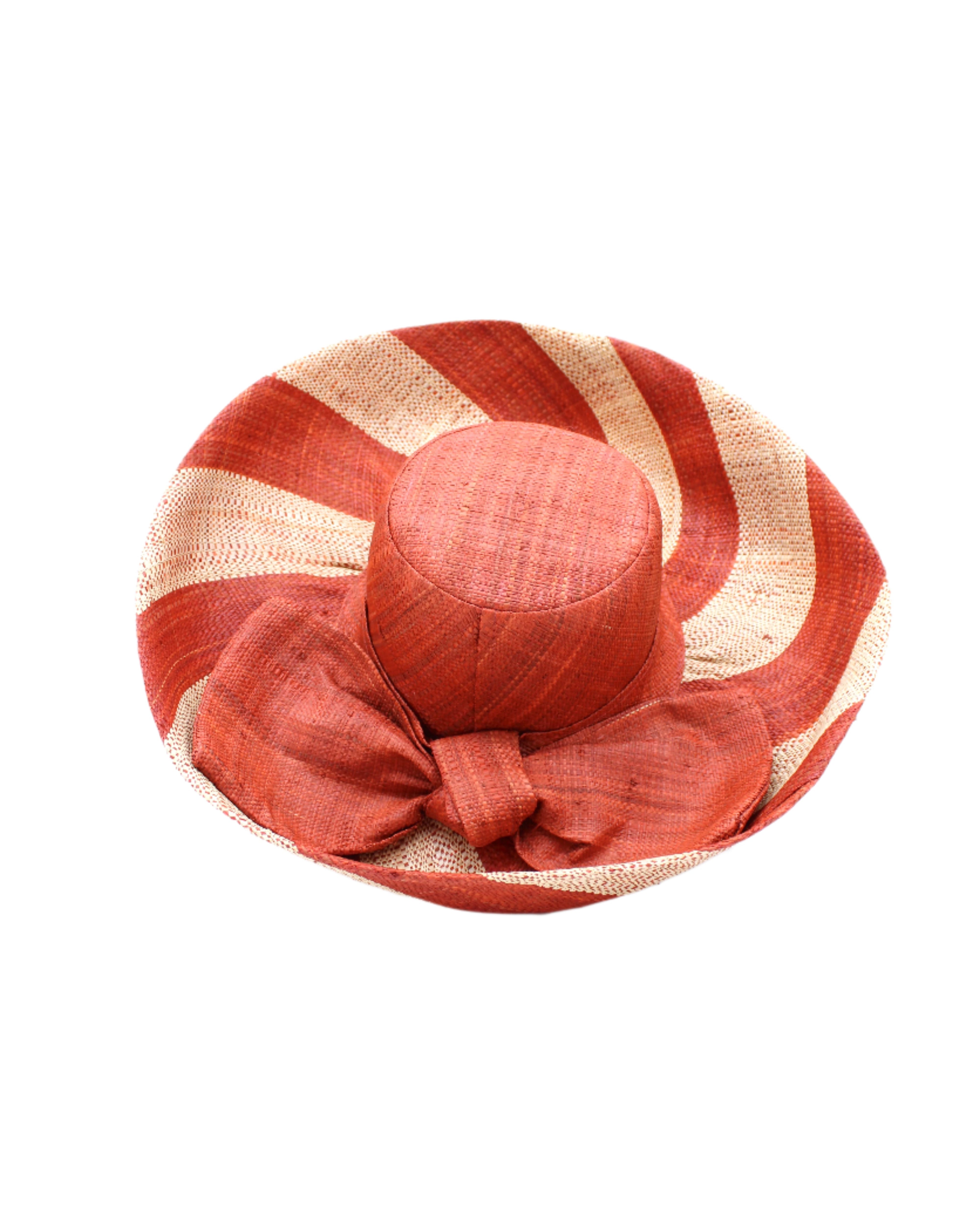 Audrey 5" & 7" Wide Brim Whisky Two Tone Wide Stripe Straw Sun Hats with Big Bow handmade loomed raffia palm fiber in a solid hue of whisky carmel/orange/red/brown on the crown and matching oversized big bow embellishment hat band, with two tone even width wide stripe pattern of coral and natural straw color that creates a swirl patterned brim - Shebobo