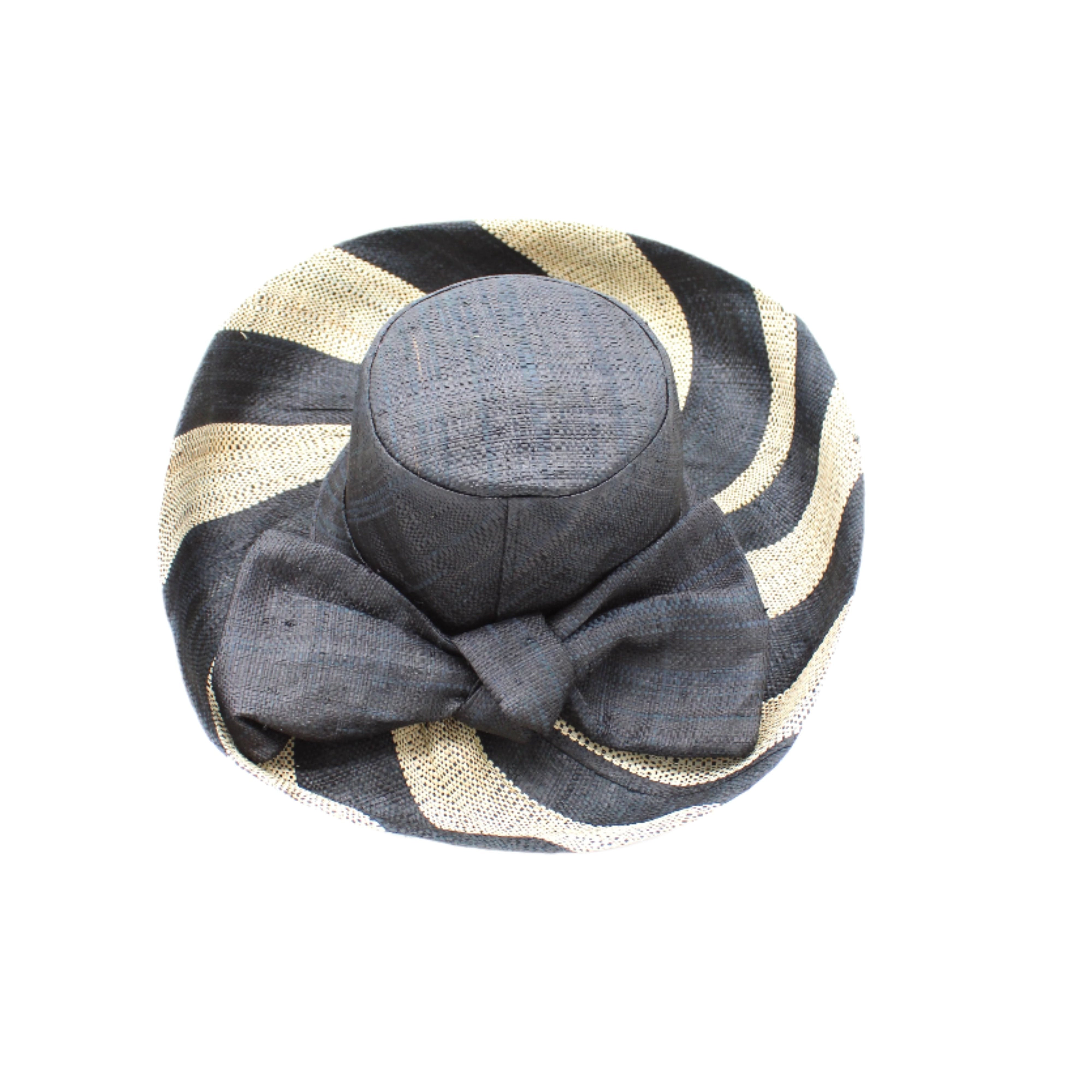 Audrey 5" & 7" Wide Brim Black Two Tone Wide Stripe Straw Sun Hats with Big Bow handmade loomed raffia palm fiber in a solid hue of Black on the crown and matching oversized big bow embellishment hat band, with two tone even width wide stripe pattern of black and natural straw color that creates a swirl patterned brim - Shebobo