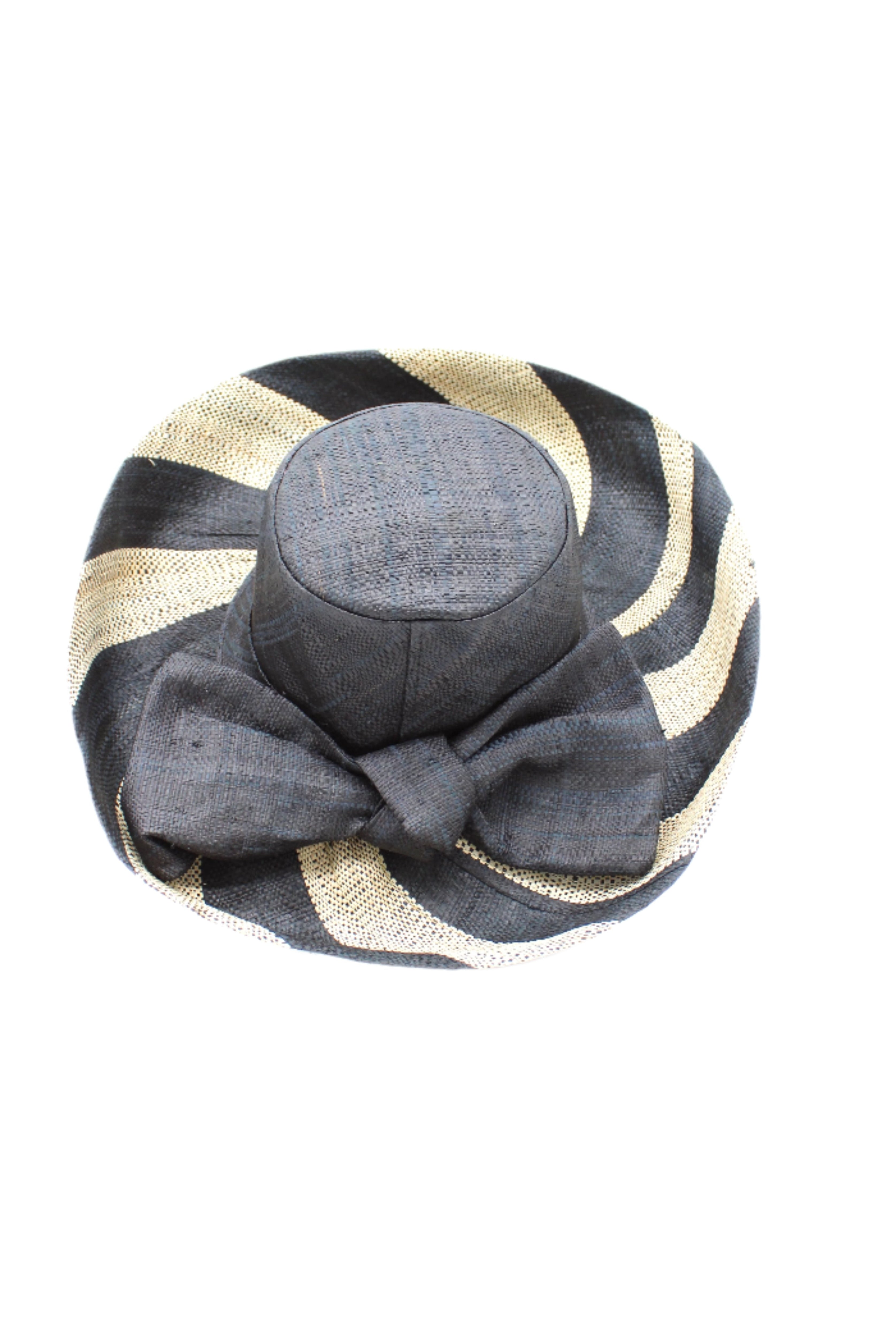Audrey 5" & 7" Wide Brim Black Two Tone Wide Stripe Straw Sun Hats with Big Bow handmade loomed raffia palm fiber in a solid hue of Black on the crown and matching oversized big bow embellishment hat band, with two tone even width wide stripe pattern of black and natural straw color that creates a swirl patterned brim - Shebobo