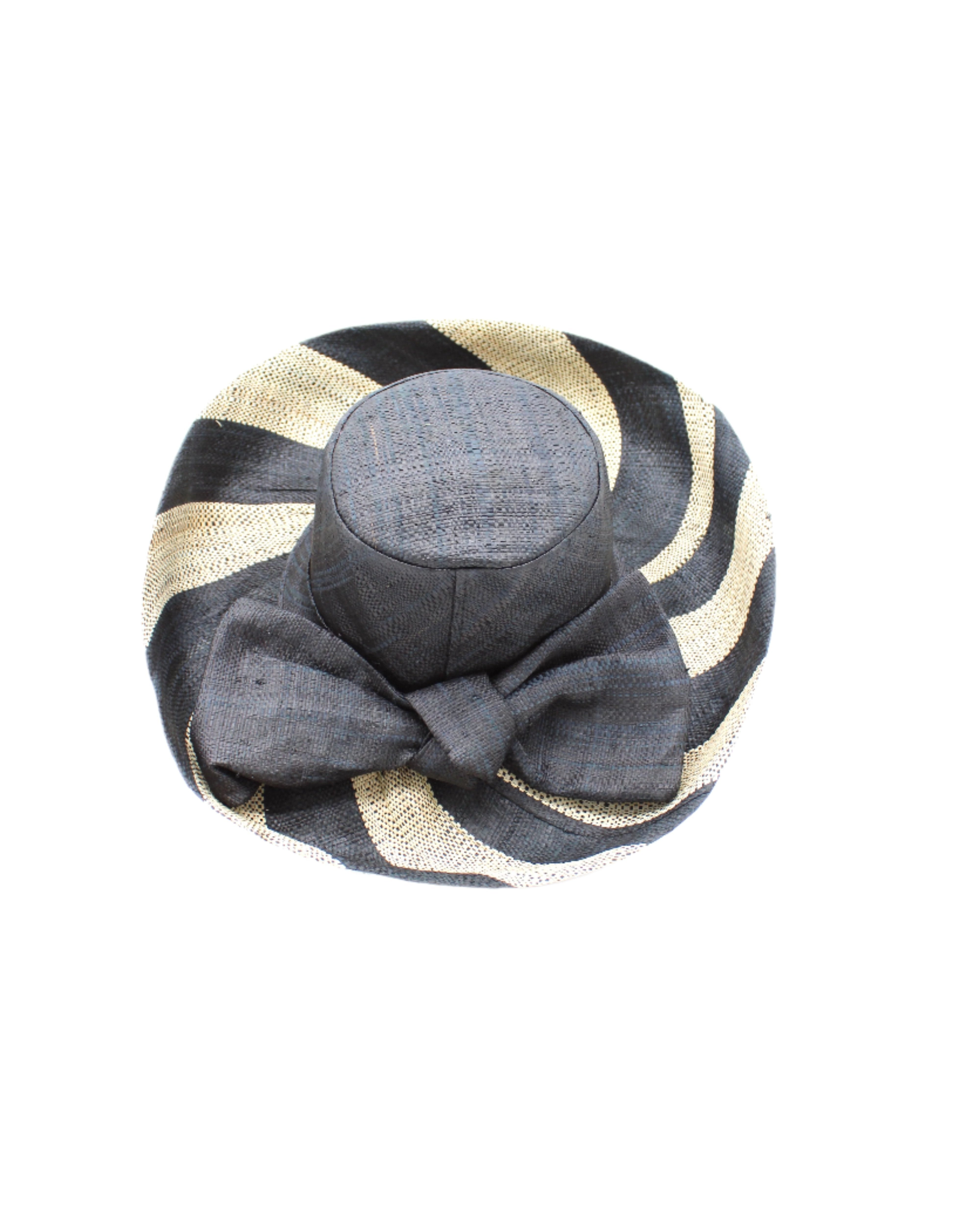 Audrey 5" & 7" Wide Brim Black Two Tone Wide Stripe Straw Sun Hats with Big Bow handmade loomed raffia palm fiber in a solid hue of Black on the crown and matching oversized big bow embellishment hat band, with two tone even width wide stripe pattern of black and natural straw color that creates a swirl patterned brim - Shebobo
