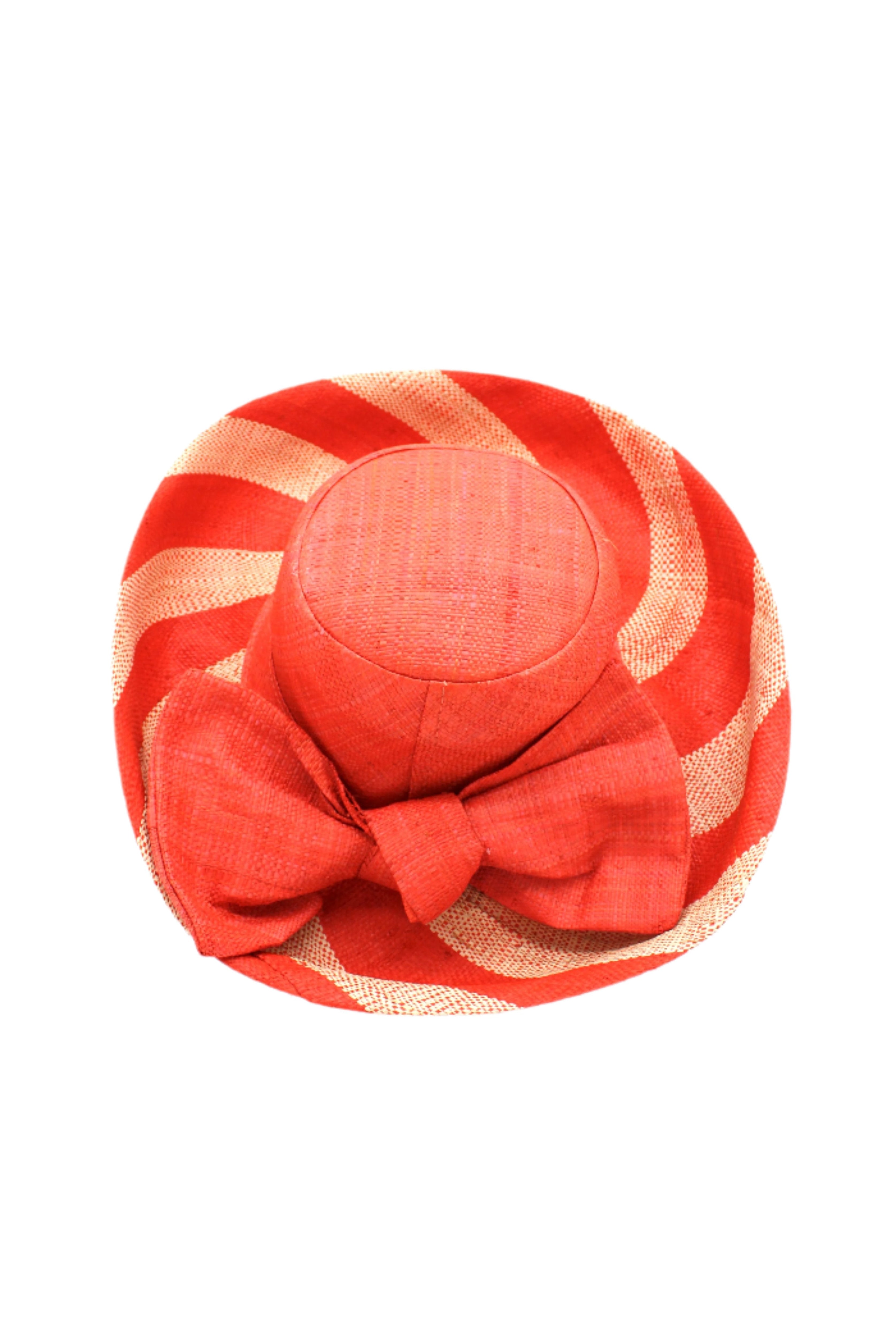 Audrey 5" & 7" Wide Brim Coral Two Tone Wide Stripe Straw Sun Hats with Big Bow handmade loomed raffia palm fiber in a solid hue of Coral orange/red on the crown and matching oversized big bow embellishment hat band, with two tone even width wide stripe pattern of coral and natural straw color that creates a swirl patterned brim - Shebobo