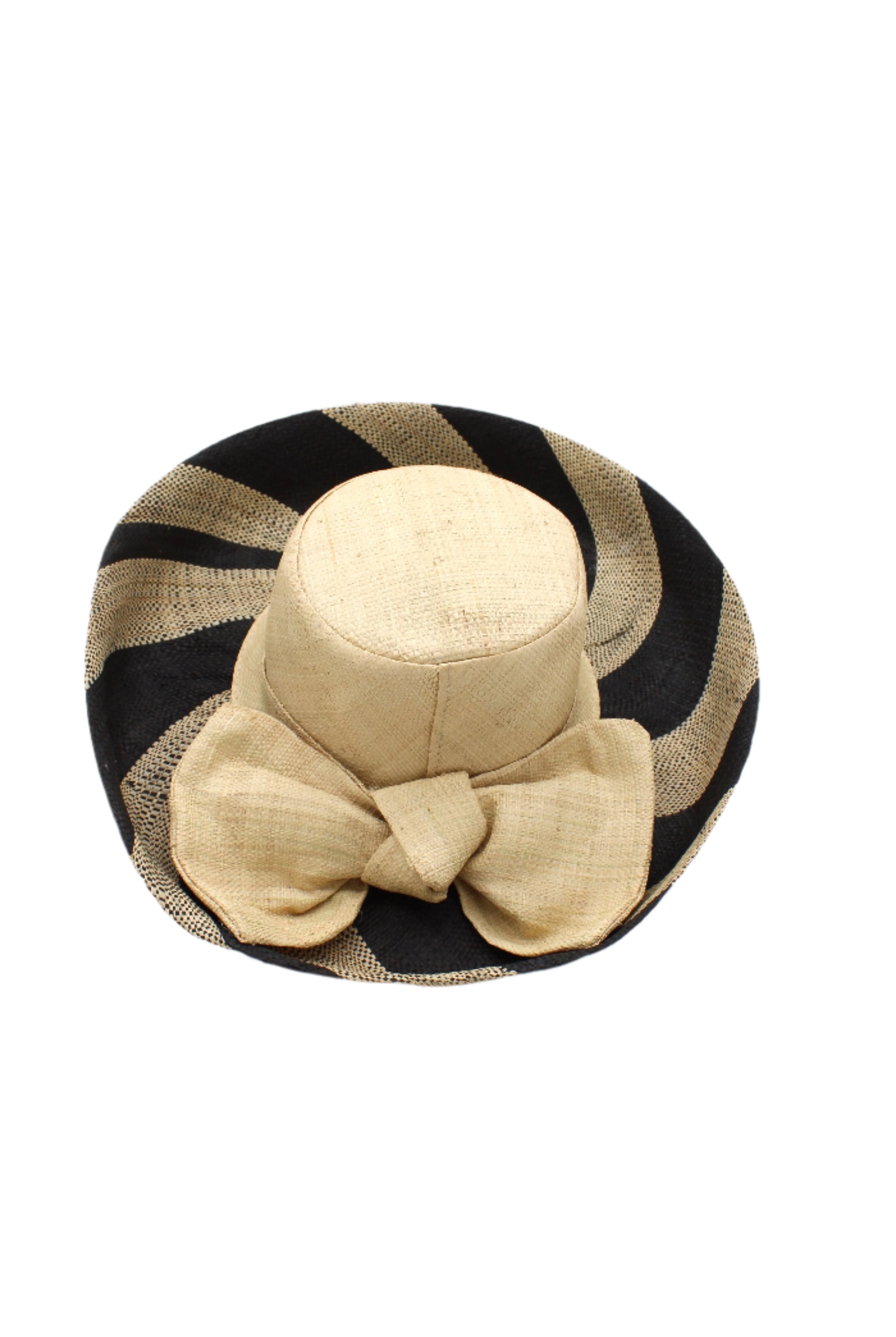 Audrey 5" & 7" Wide Brim Natural Two Tone Wide Stripe Straw Sun Hats with Big Bow handmade loomed raffia palm fiber in a solid hue of Natural on the crown and matching oversized big bow embellishment hat band, with two tone even width wide stripe pattern of black and natural straw color that creates a swirl patterned brim - Shebobo