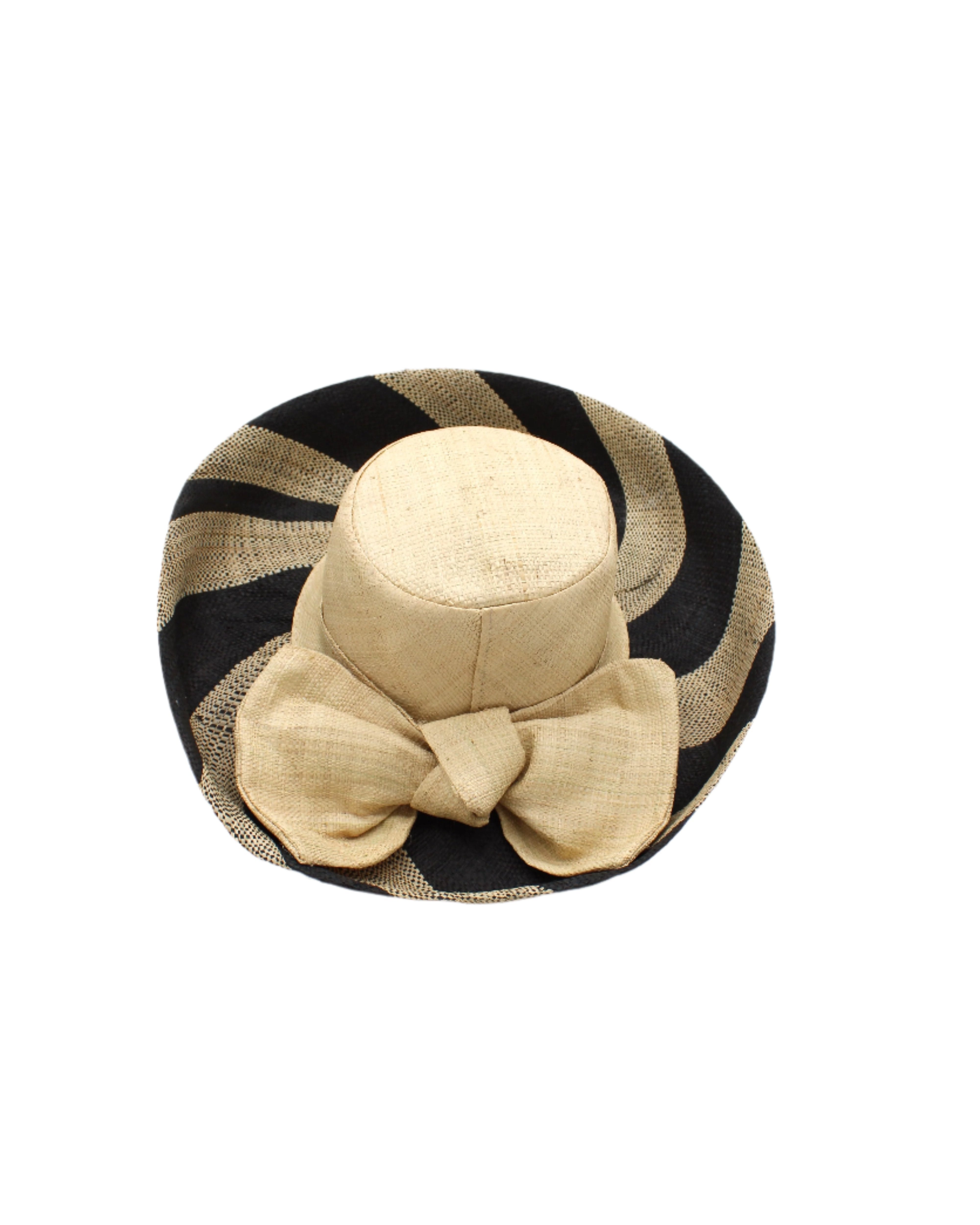 Audrey 5" & 7" Wide Brim Natural Two Tone Wide Stripe Straw Sun Hats with Big Bow handmade loomed raffia palm fiber in a solid hue of Natural on the crown and matching oversized big bow embellishment hat band, with two tone even width wide stripe pattern of black and natural straw color that creates a swirl patterned brim - Shebobo