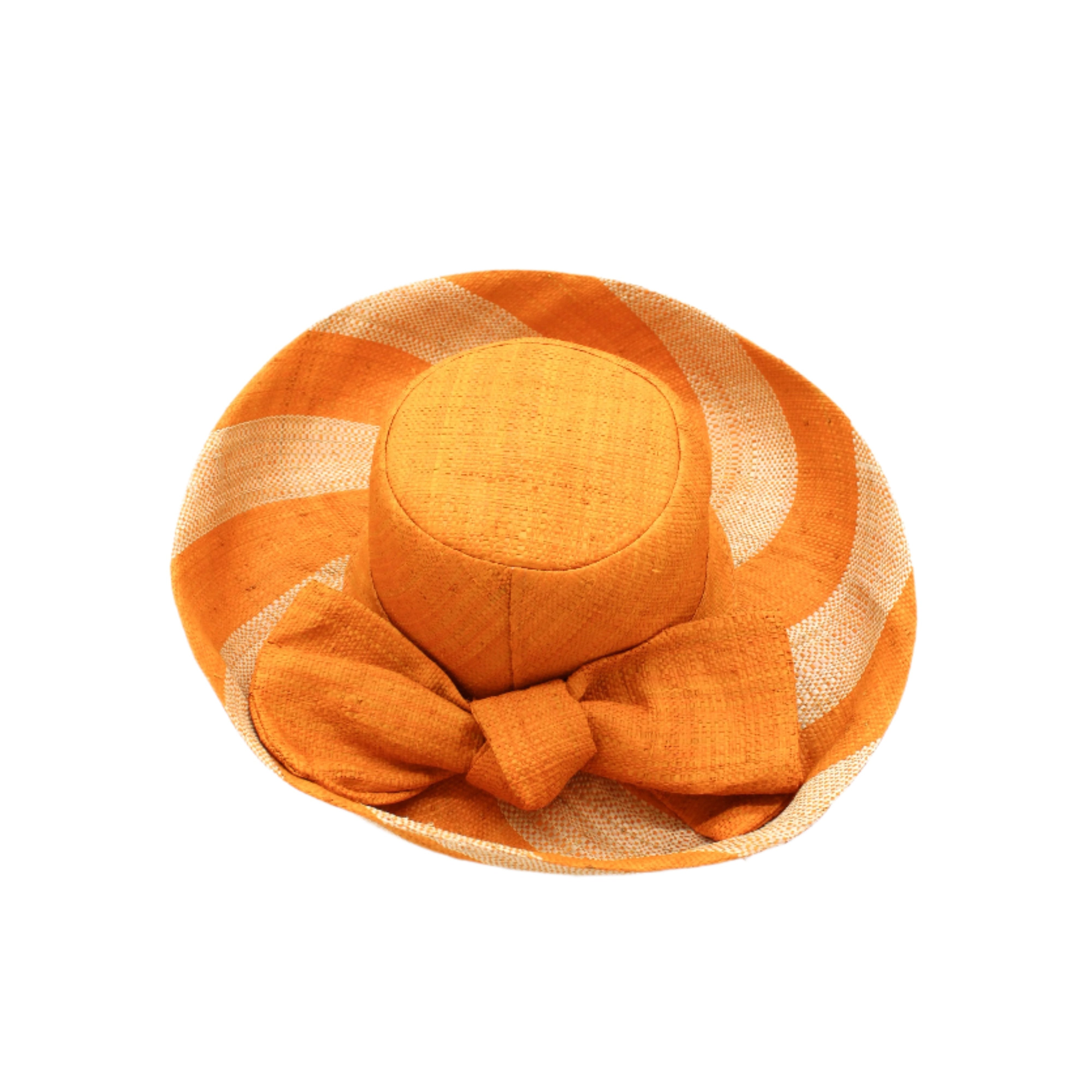 Audrey 5" & 7" Wide Brim Saffron Two Tone Wide Stripe Straw Sun Hats with Big Bow handmade loomed raffia palm fiber in a solid hue of Saffron yellow/orange on the crown and matching oversized big bow embellishment hat band, with two tone even width wide stripe pattern of saffron and natural straw color that creates a swirl patterned brim - Shebobo