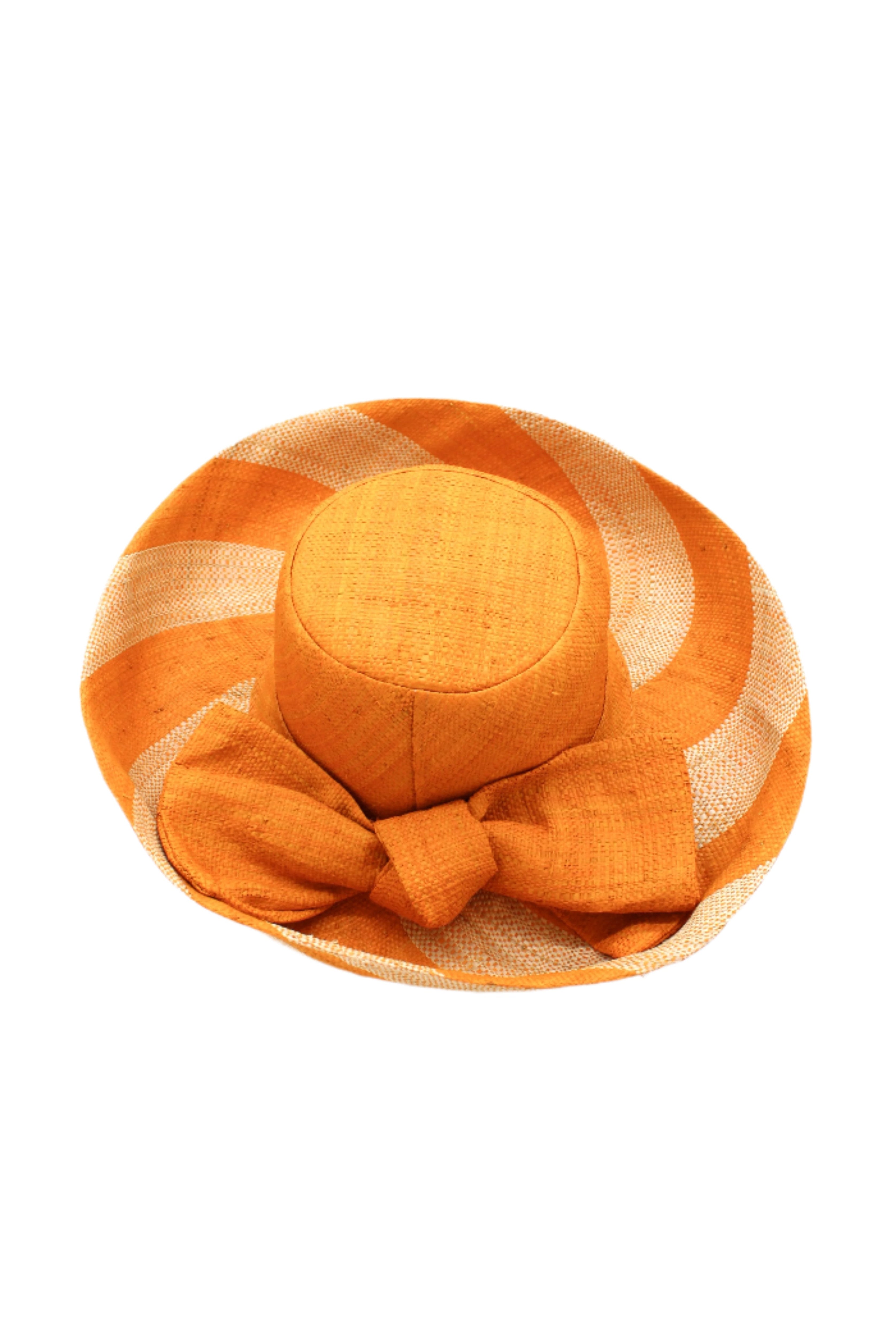 Audrey 5" & 7" Wide Brim Saffron Two Tone Wide Stripe Straw Sun Hats with Big Bow handmade loomed raffia palm fiber in a solid hue of Saffron yellow/orange on the crown and matching oversized big bow embellishment hat band, with two tone even width wide stripe pattern of saffron and natural straw color that creates a swirl patterned brim - Shebobo