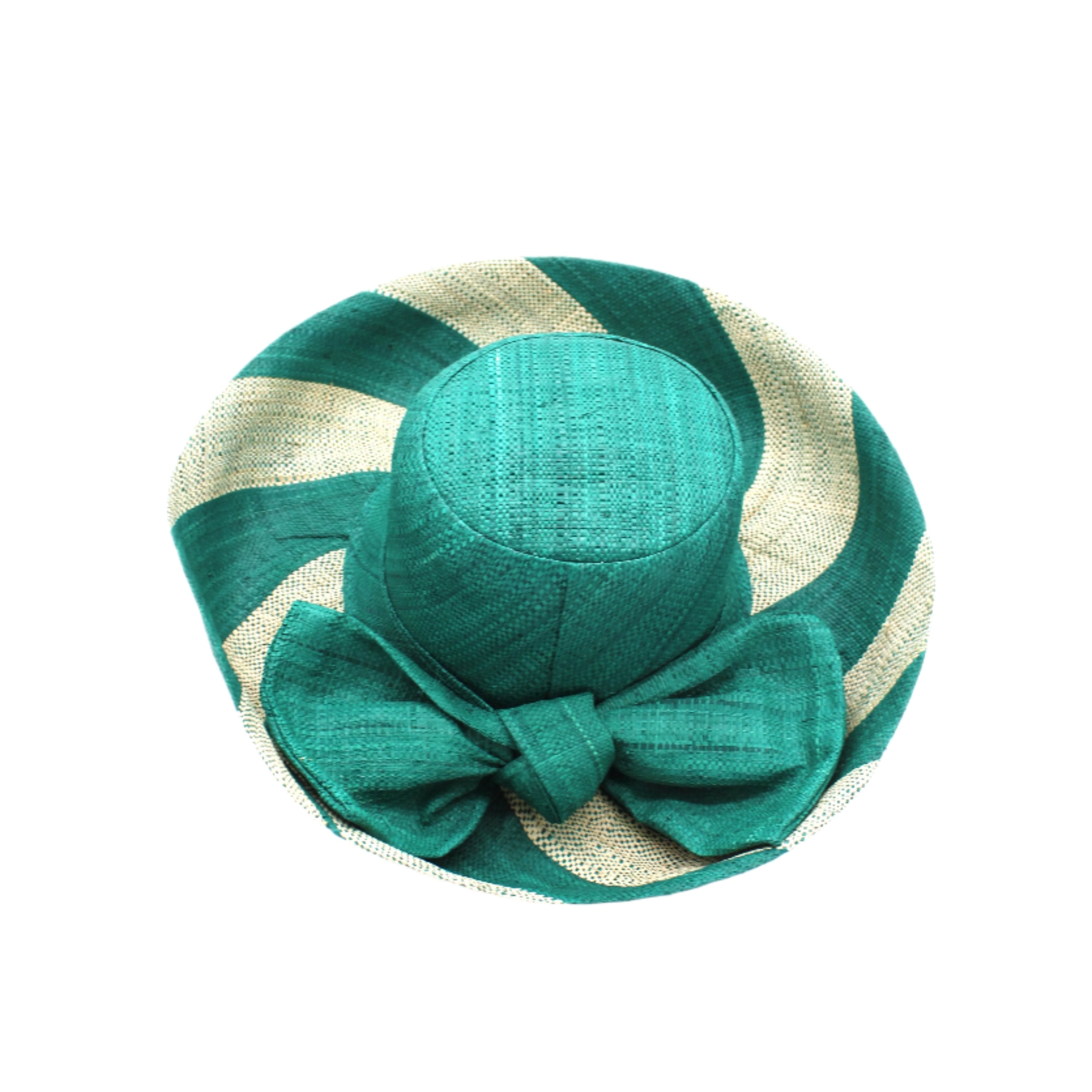 Audrey 5" & 7" Wide Brim Teal Two Tone Wide Stripe Straw Sun Hats with Big Bow handmade loomed raffia palm fiber in a solid hue of Teal dark/blue/green on the crown and matching oversized big bow embellishment hat band, with two tone even width wide stripe pattern of teal and natural straw color that creates a swirl patterned brim - Shebobo