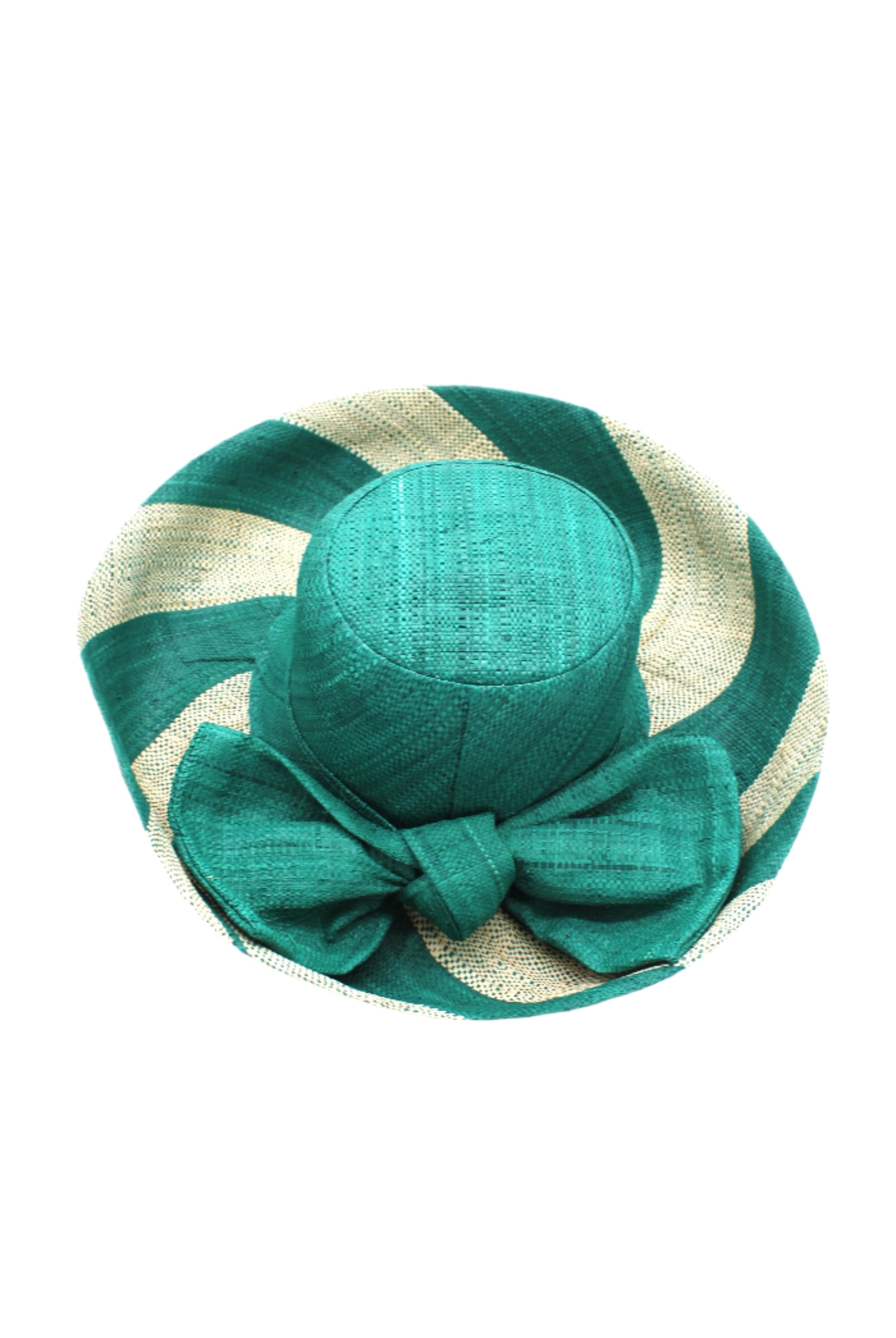 Audrey 5" & 7" Wide Brim Teal Two Tone Wide Stripe Straw Sun Hats with Big Bow handmade loomed raffia palm fiber in a solid hue of Teal dark/blue/green on the crown and matching oversized big bow embellishment hat band, with two tone even width wide stripe pattern of teal and natural straw color that creates a swirl patterned brim - Shebobo