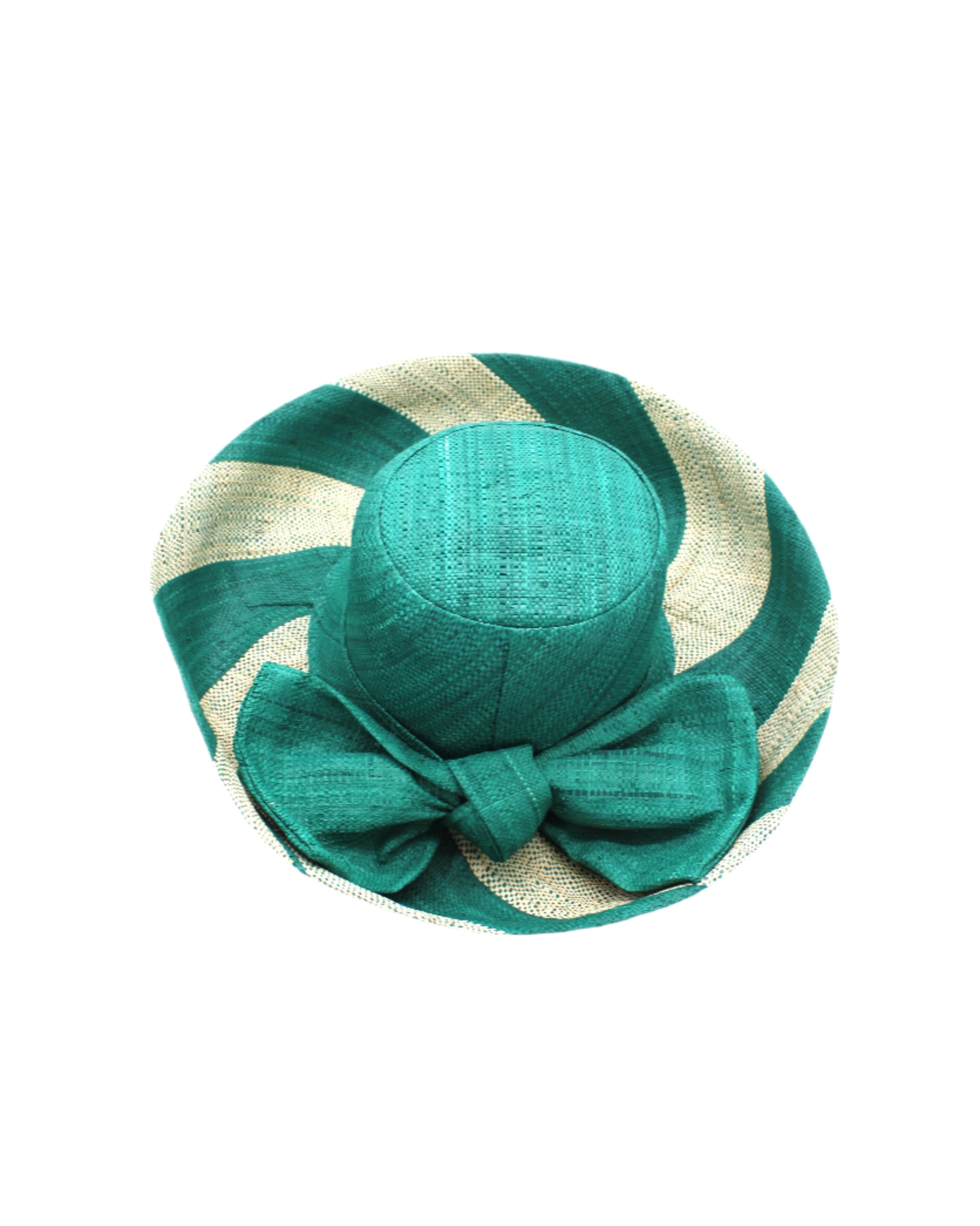 Audrey 5" & 7" Wide Brim Teal Two Tone Wide Stripe Straw Sun Hats with Big Bow handmade loomed raffia palm fiber in a solid hue of Teal dark/blue/green on the crown and matching oversized big bow embellishment hat band, with two tone even width wide stripe pattern of teal and natural straw color that creates a swirl patterned brim - Shebobo