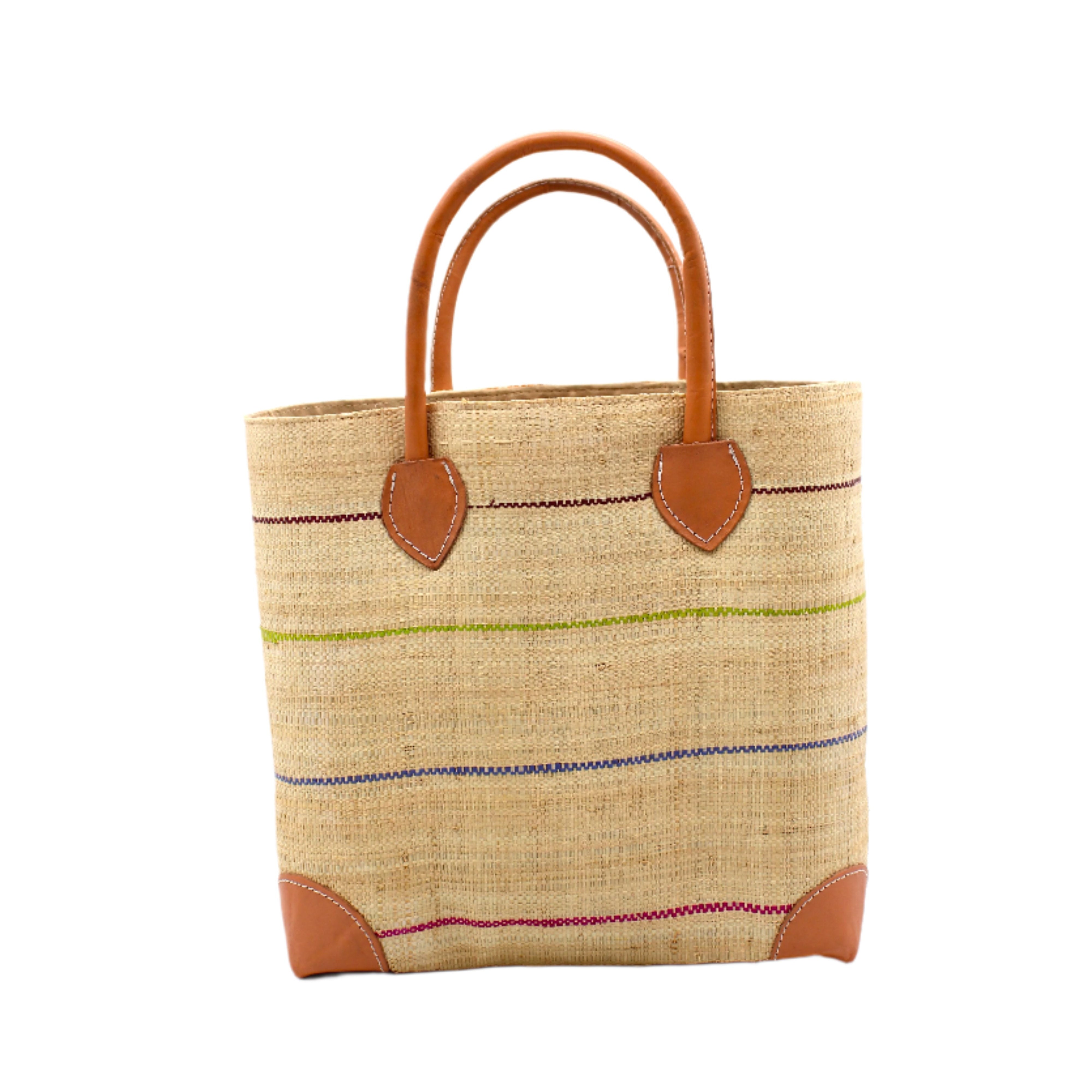 Augustine pinstripes straw basket bag handmade loomed raffia in natural wide horizontal bands with multicolor bright colors of coral red/orange, bordeaux dark red, lime, grey, and fuchsia pink small bands running through in a stripe pattern with leather accents and handles handbag purse - Shebobo