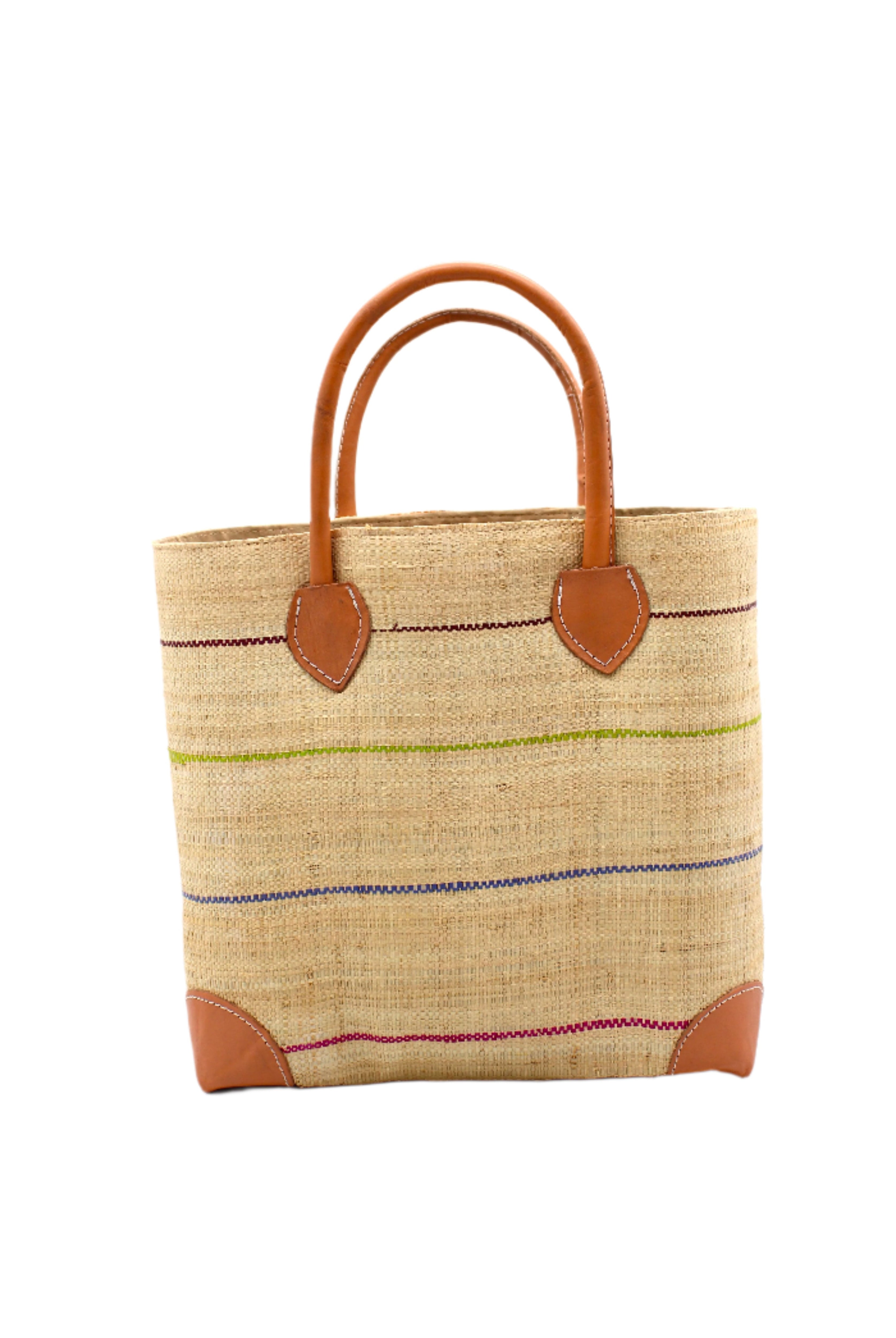 Augustine pinstripes straw basket bag handmade loomed raffia in natural wide horizontal bands with multicolor bright colors of coral red/orange, bordeaux dark red, lime, grey, and fuchsia pink small bands running through in a stripe pattern with leather accents and handles handbag purse - Shebobo
