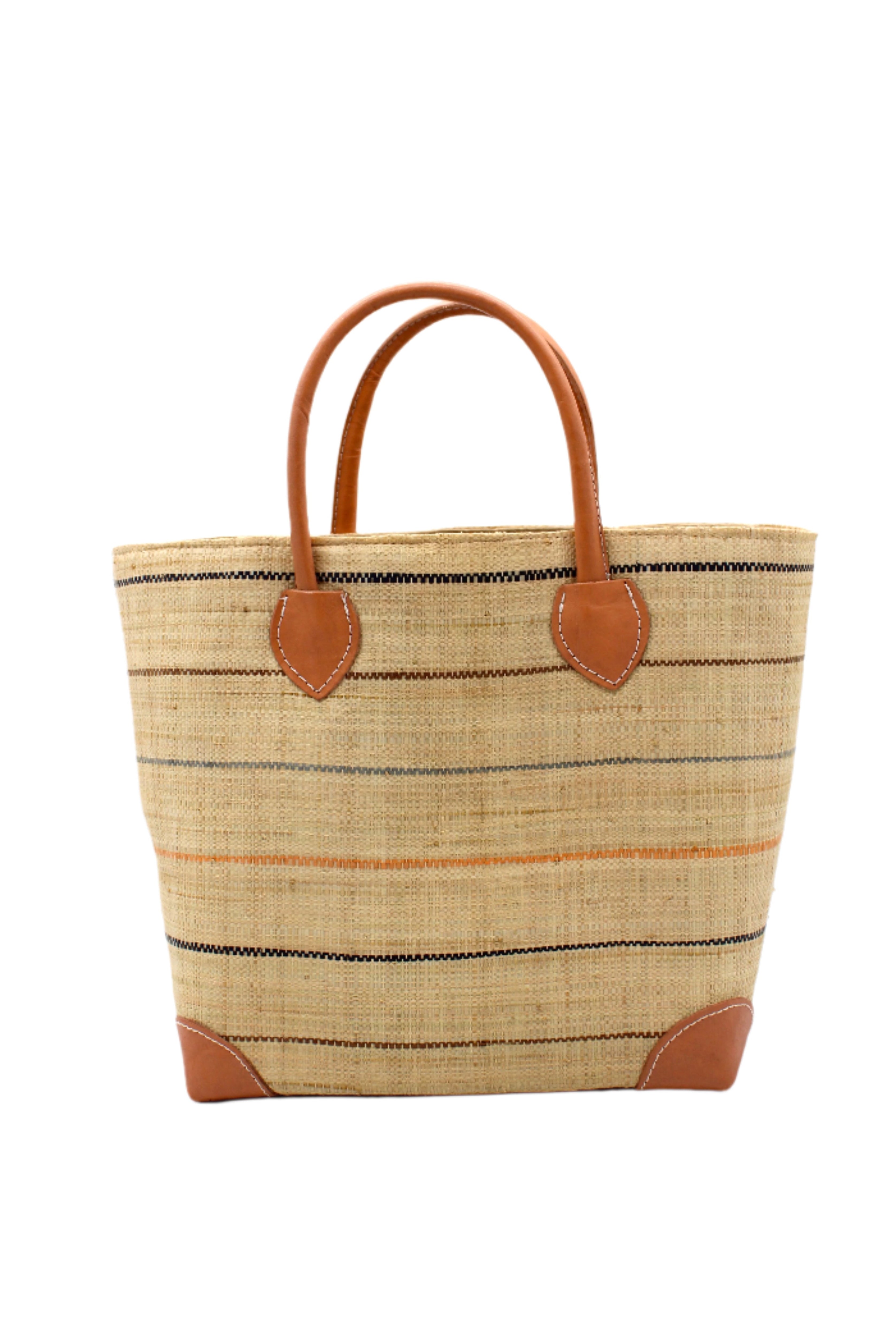 Augustine pinstripes straw basket bag handmade loomed raffia in natural wide horizontal bands with multicolor neutral colors of cinnamon/tobacco/brown, grey, blush pink/orange, and black small bands running through in a stripe pattern with leather accents and handles handbag purse - Shebobo