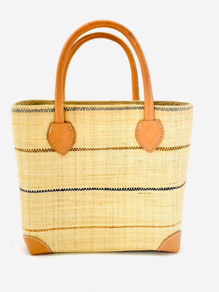 Augustine pinstripes straw basket bag handmade loomed raffia in natural wide horizontal bands with multicolor neutral colors of cinnamon/tobacco/brown, grey, blush pink/orange, and black small bands running through in a stripe pattern with leather accents and handles handbag purse - Shebobo