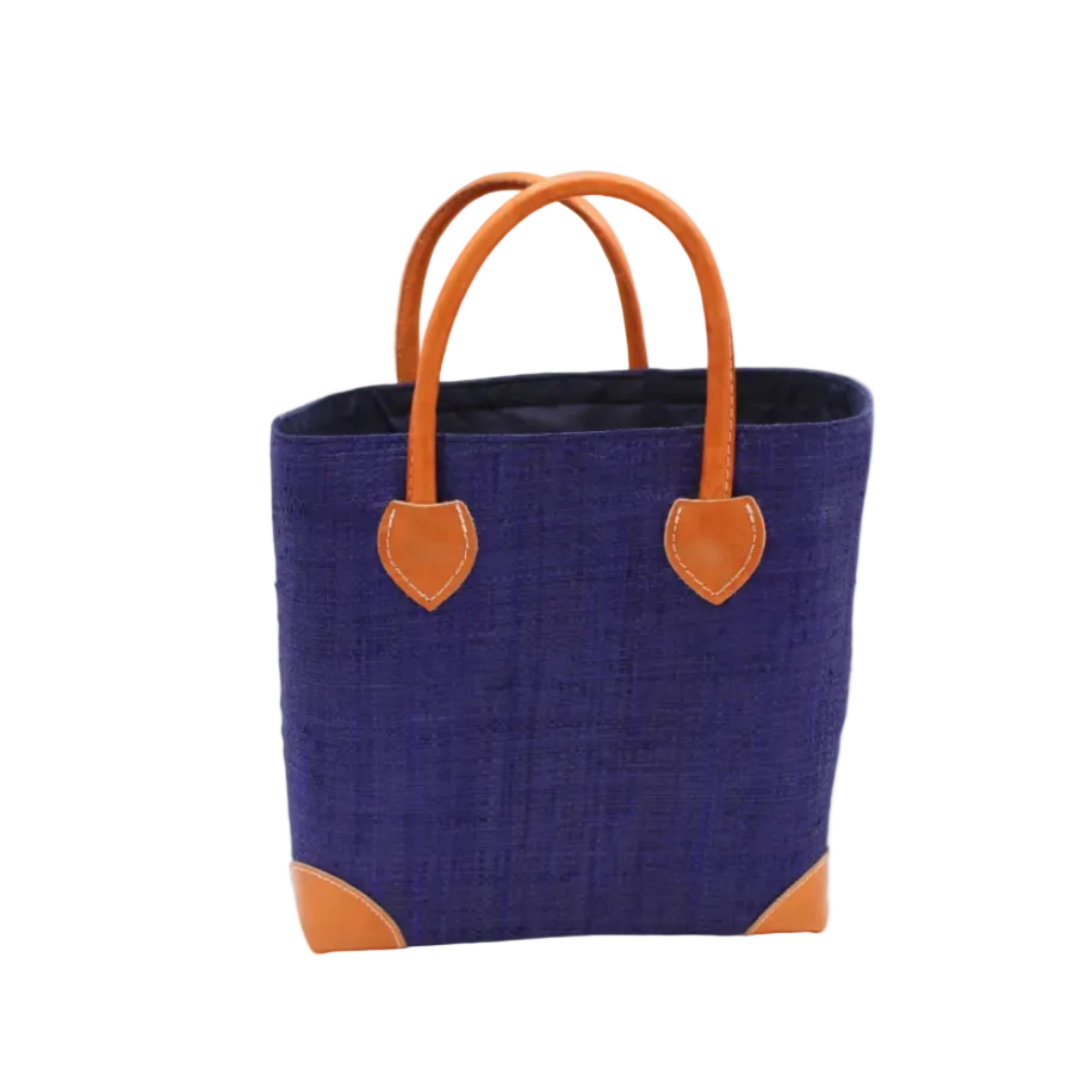 Augustine Straw Basket Bag Azure handmade loomed raffia palm fiber in a solid hue of azure dusk/navy/dark/blue handbag purse with leather accents and handles beach bag - Shebobo