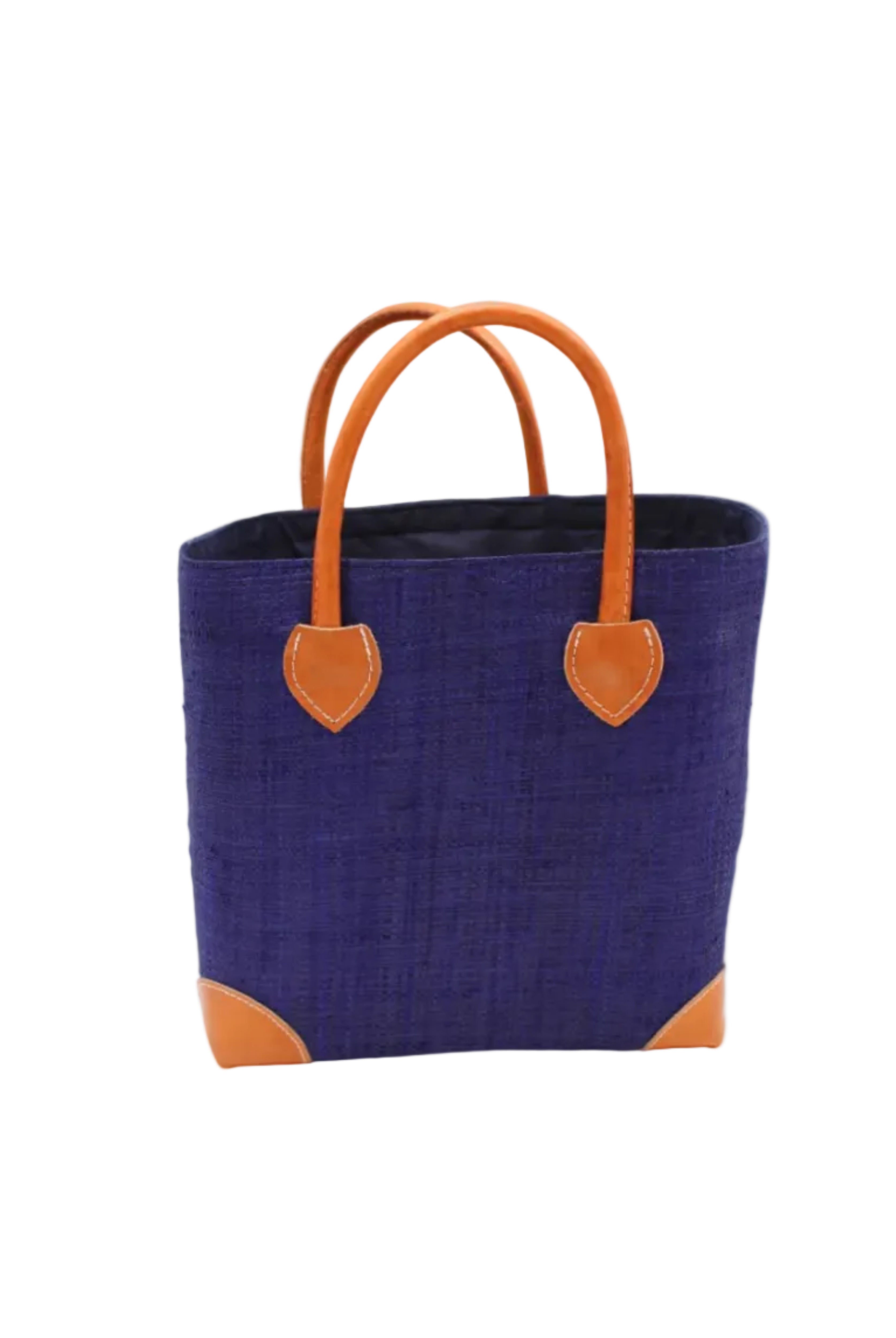 Augustine Straw Basket Bag Azure handmade loomed raffia palm fiber in a solid hue of azure dusk/navy/dark/blue handbag purse with leather accents and handles beach bag - Shebobo