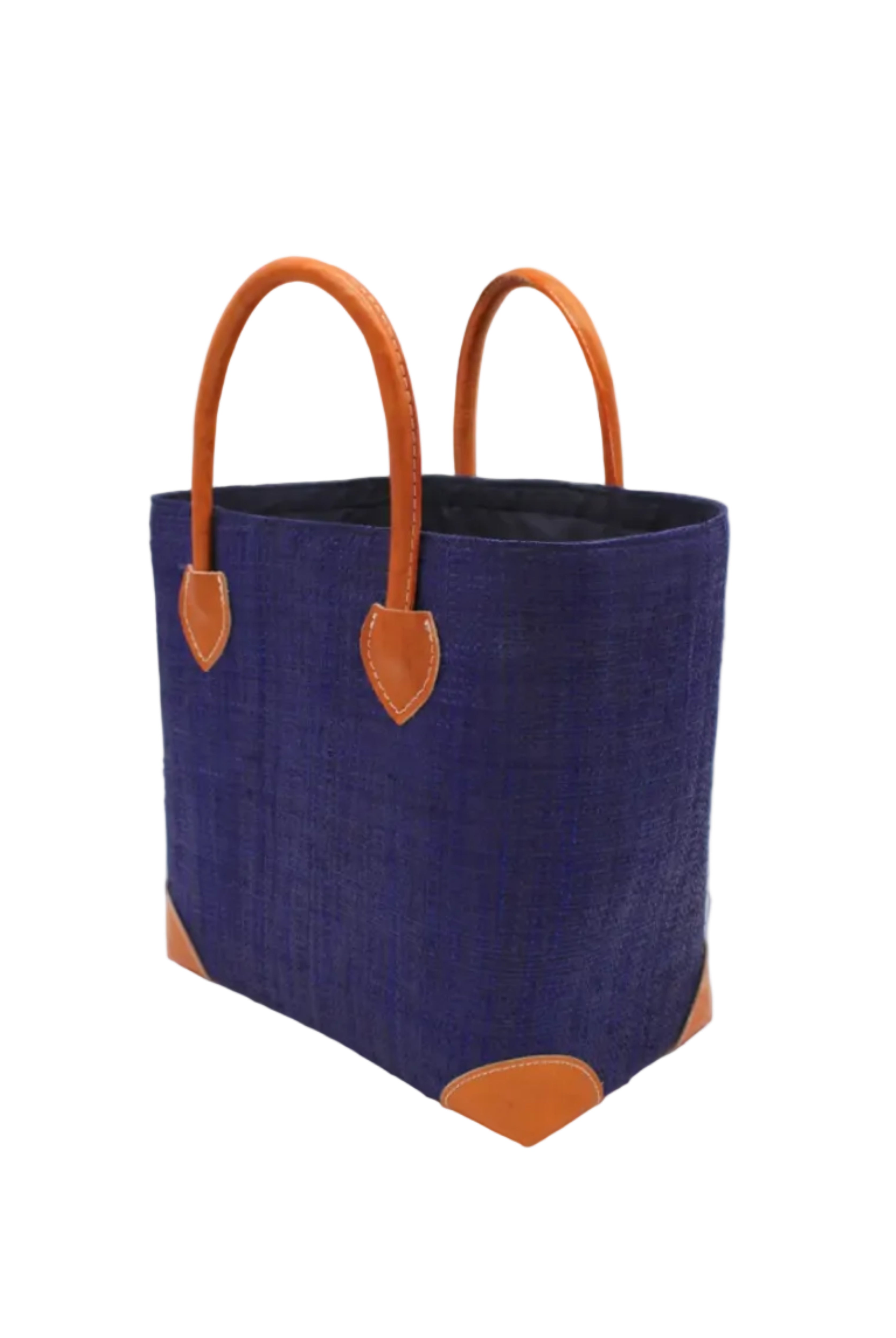 Side view Augustine Straw Basket Bag Azure handmade loomed raffia palm fiber in a solid hue of azure dusk/navy/dark/blue handbag purse with leather accents and handles beach bag - Shebobo
