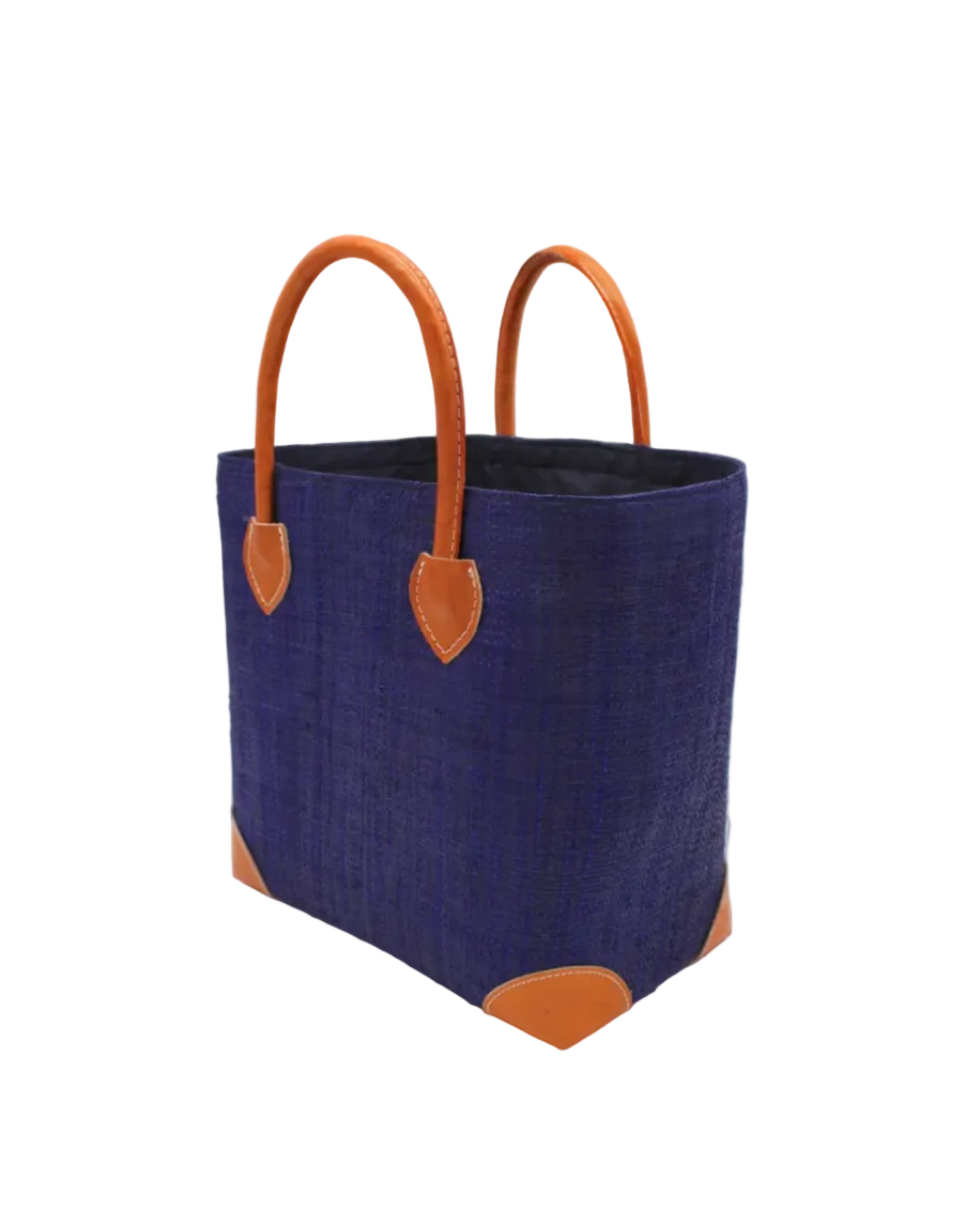 Side view Augustine Straw Basket Bag Azure handmade loomed raffia palm fiber in a solid hue of azure dusk/navy/dark/blue handbag purse with leather accents and handles beach bag - Shebobo