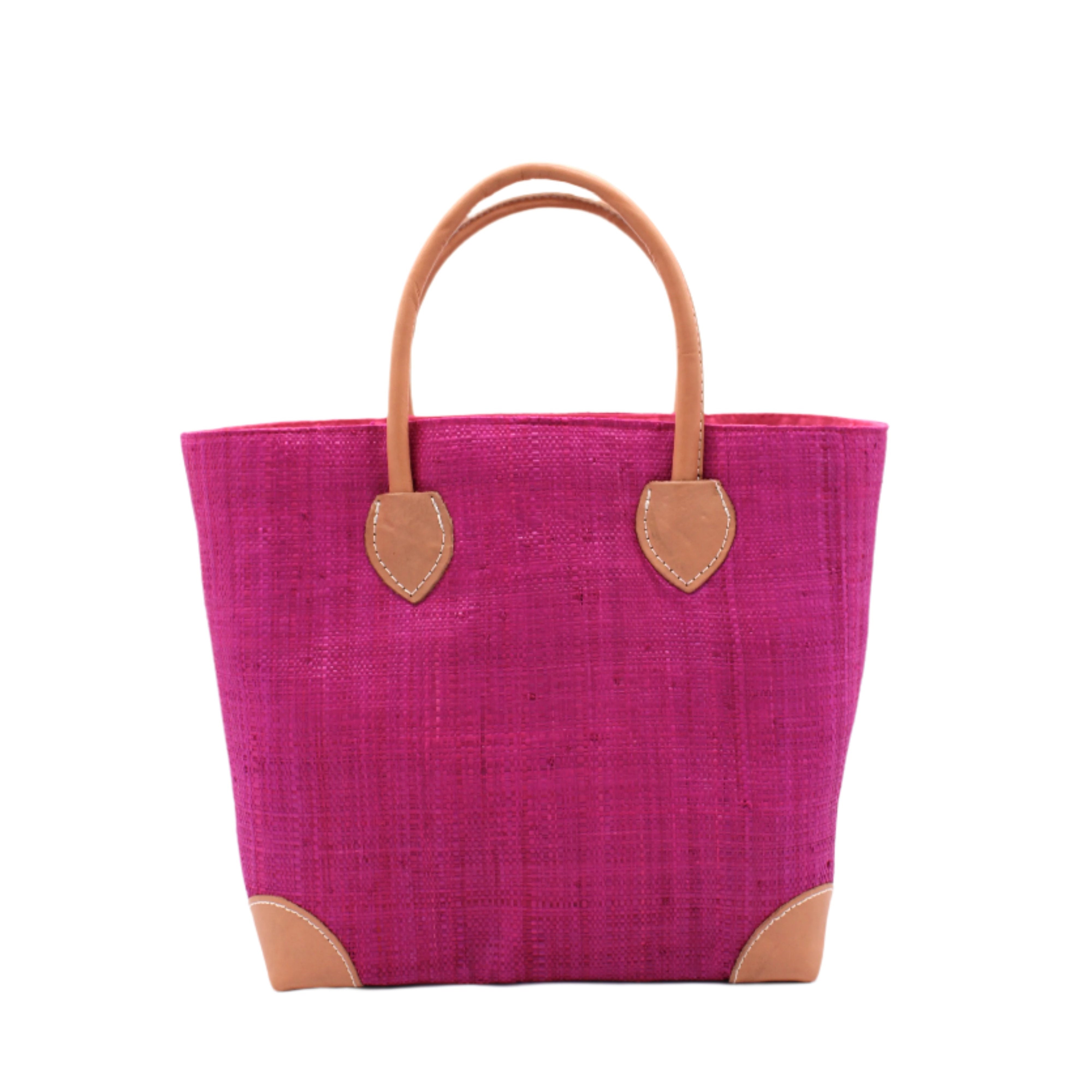Augustine Straw Basket Bag Fuchsia handmade loomed raffia palm fiber in a solid hue of fuchsia/bright/barbie/hot pink handbag purse with leather accents and handles beach bag - Shebobo