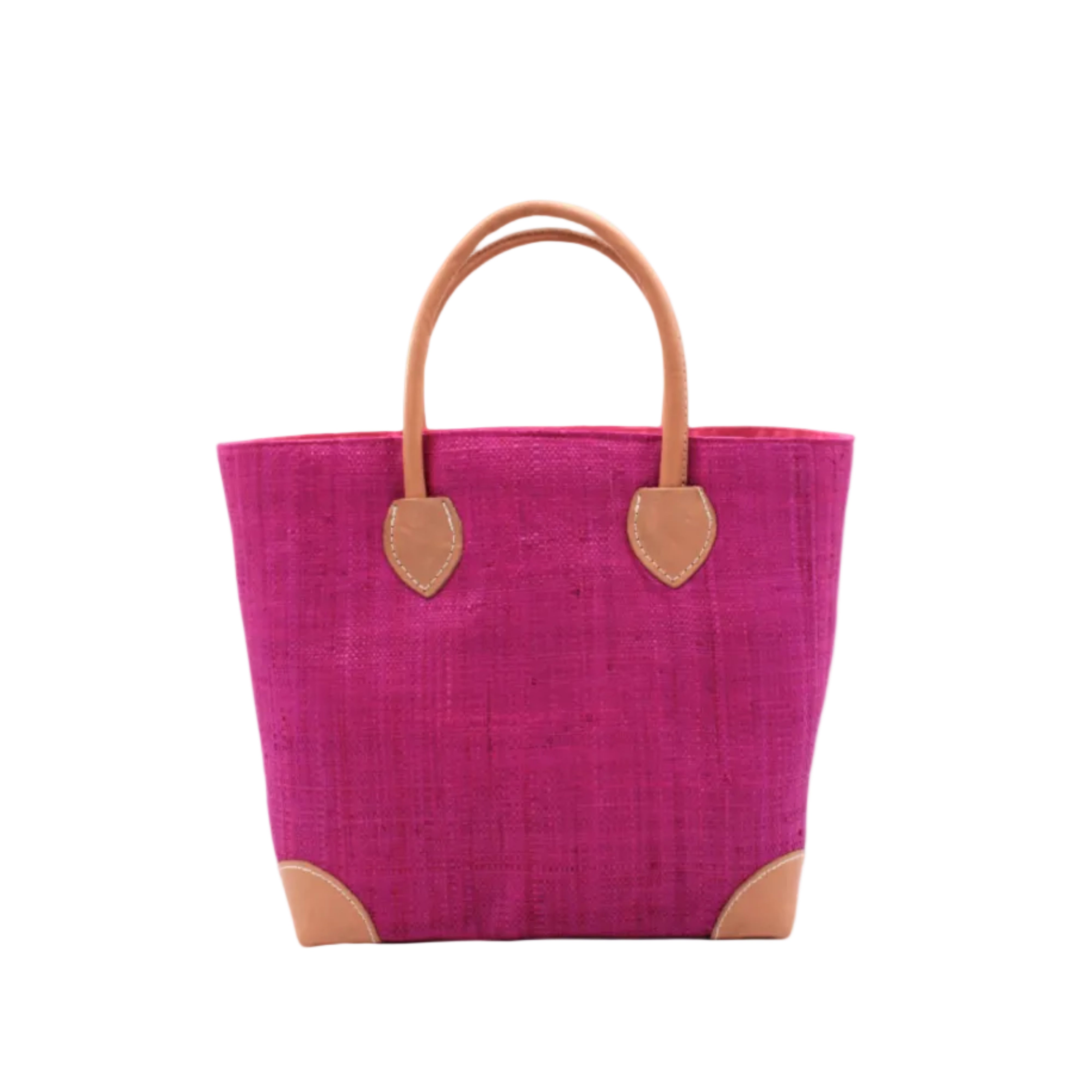 Augustine Straw Basket Bag Fuchsia handmade loomed raffia palm fiber in a solid hue of fuchsia/bright/barbie/hot pink handbag purse with leather accents and handles beach bag - Shebobo