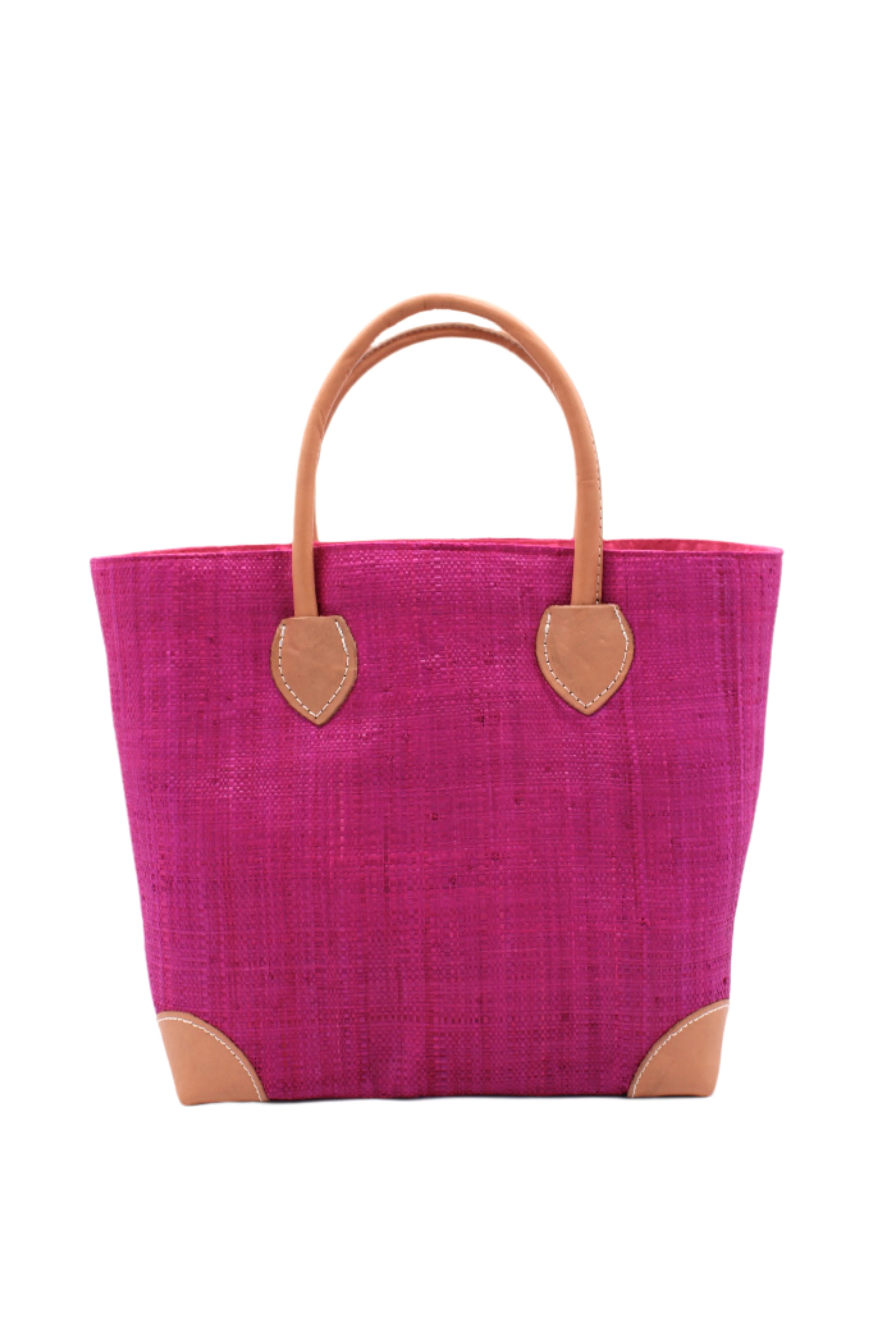Augustine Straw Basket Bag Fuchsia handmade loomed raffia palm fiber in a solid hue of fuchsia/bright/barbie/hot pink handbag purse with leather accents and handles beach bag - Shebobo