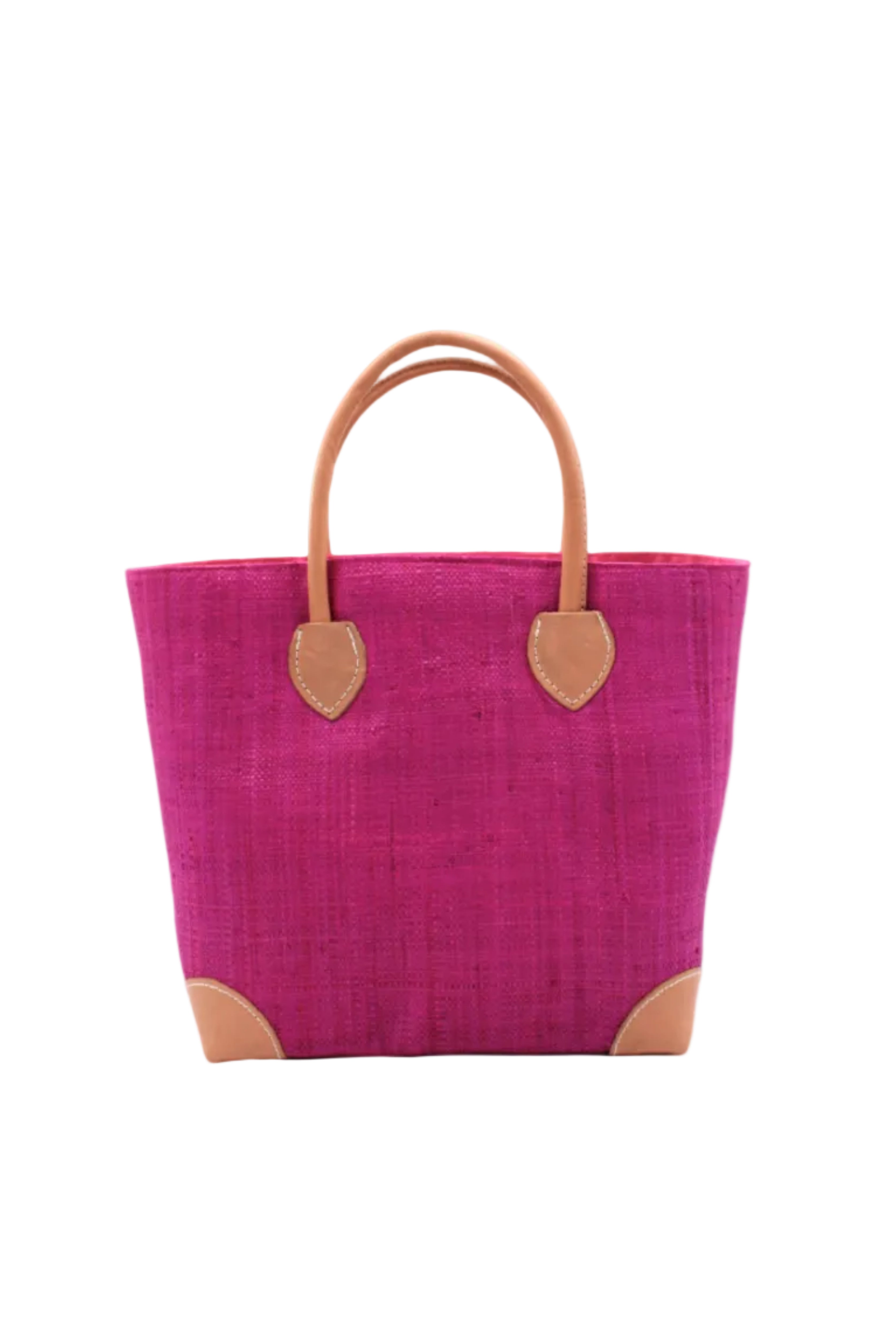 Augustine Straw Basket Bag Fuchsia handmade loomed raffia palm fiber in a solid hue of fuchsia/bright/barbie/hot pink handbag purse with leather accents and handles beach bag - Shebobo