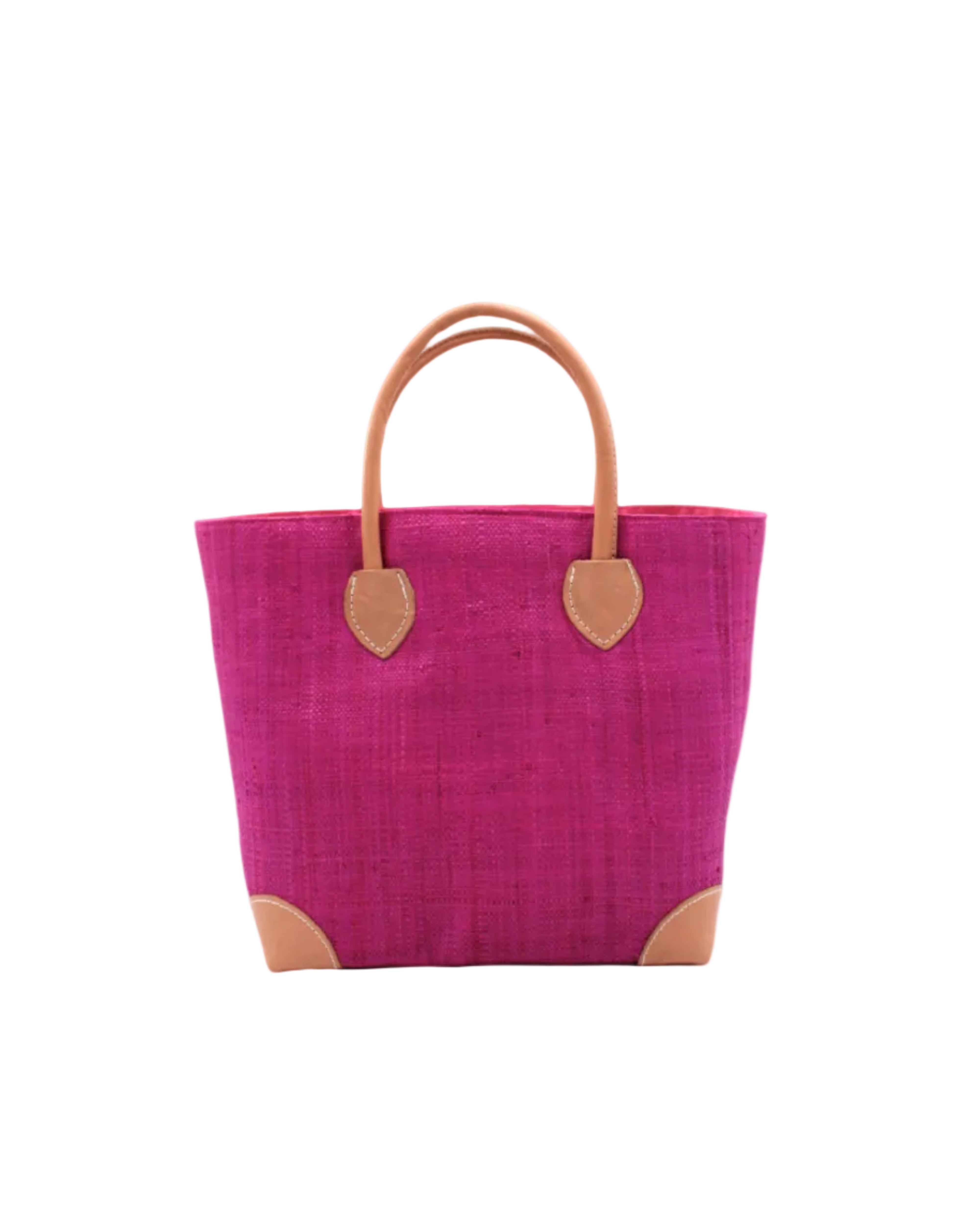 Augustine Straw Basket Bag Fuchsia handmade loomed raffia palm fiber in a solid hue of fuchsia/bright/barbie/hot pink handbag purse with leather accents and handles beach bag - Shebobo