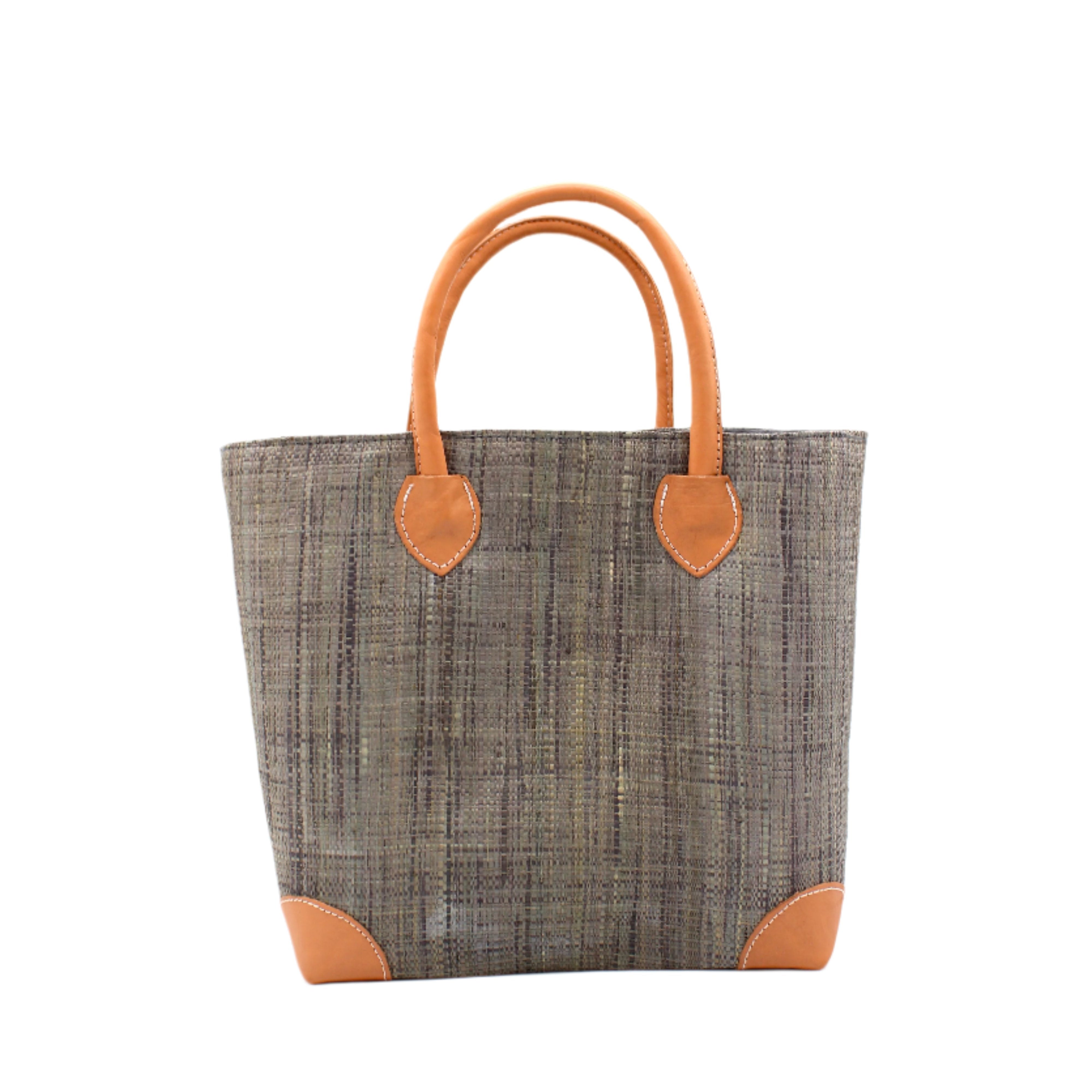 Augustine Straw Basket Bag Grey handmade loomed raffia palm fiber in a solid hue of grey handbag purse with leather accents and handles beach bag - Shebobo