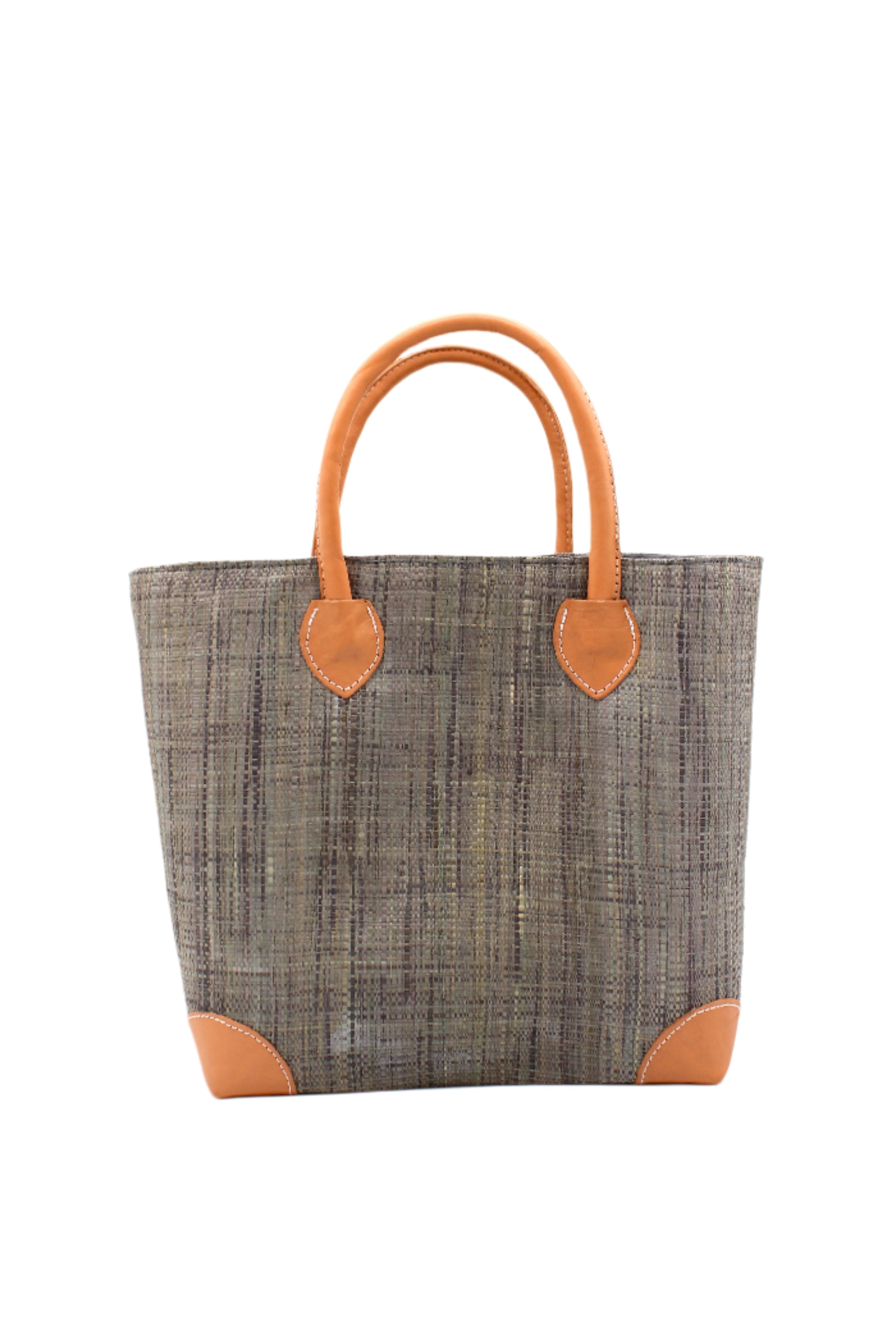 Augustine Straw Basket Bag Grey handmade loomed raffia palm fiber in a solid hue of grey handbag purse with leather accents and handles beach bag - Shebobo