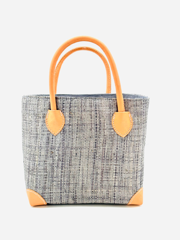 Augustine Straw Basket Bag handmade loomed raffia handbag with leather corners and handles in grey - Shebobo