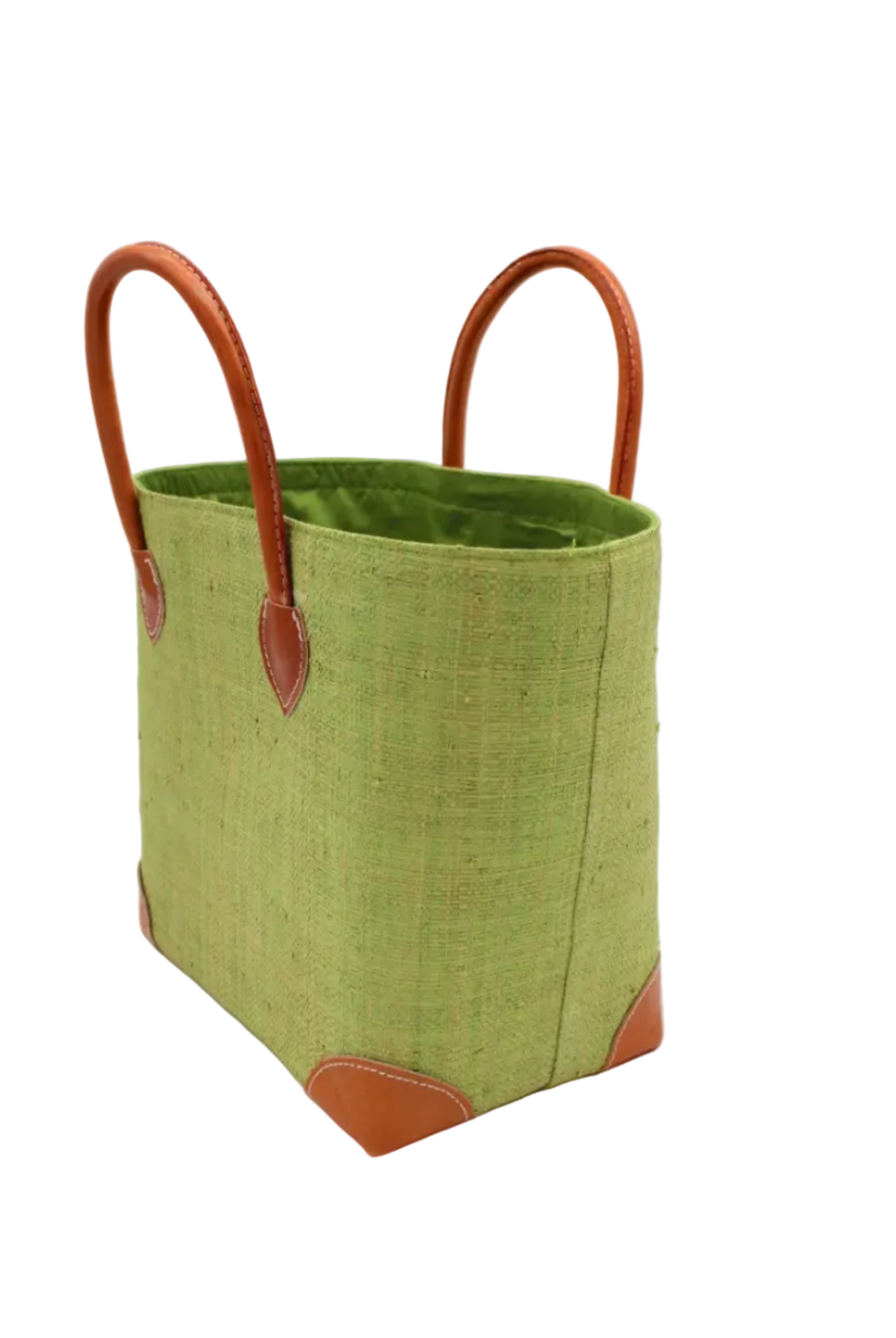 Side view Augustine Straw Basket Bag Matcha handmade loomed raffia palm fiber in a solid hue of matcha light/meadow/green handbag purse with leather accents and handles beach bag - Shebobo