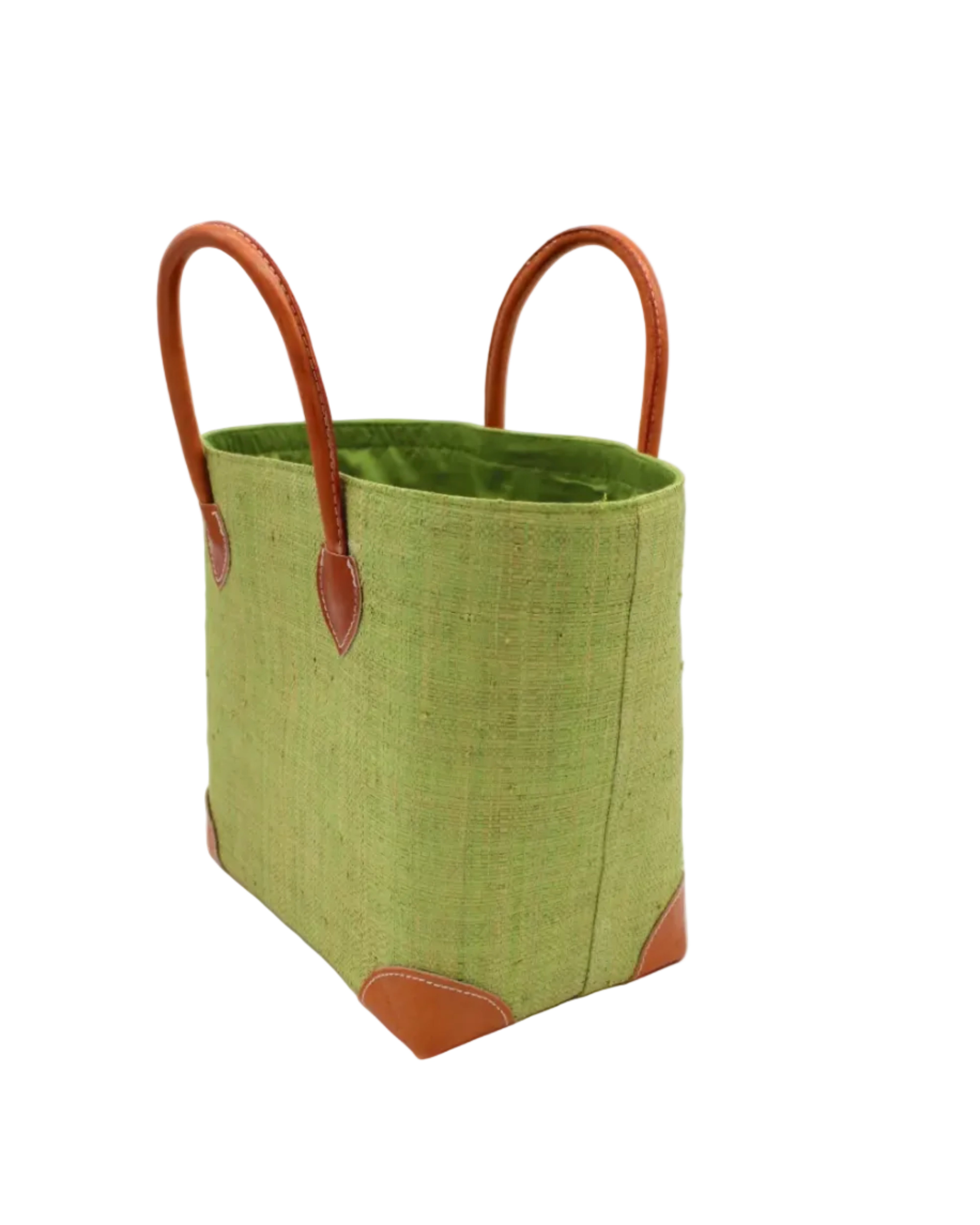 Side view Augustine Straw Basket Bag Matcha handmade loomed raffia palm fiber in a solid hue of matcha light/meadow/green handbag purse with leather accents and handles beach bag - Shebobo