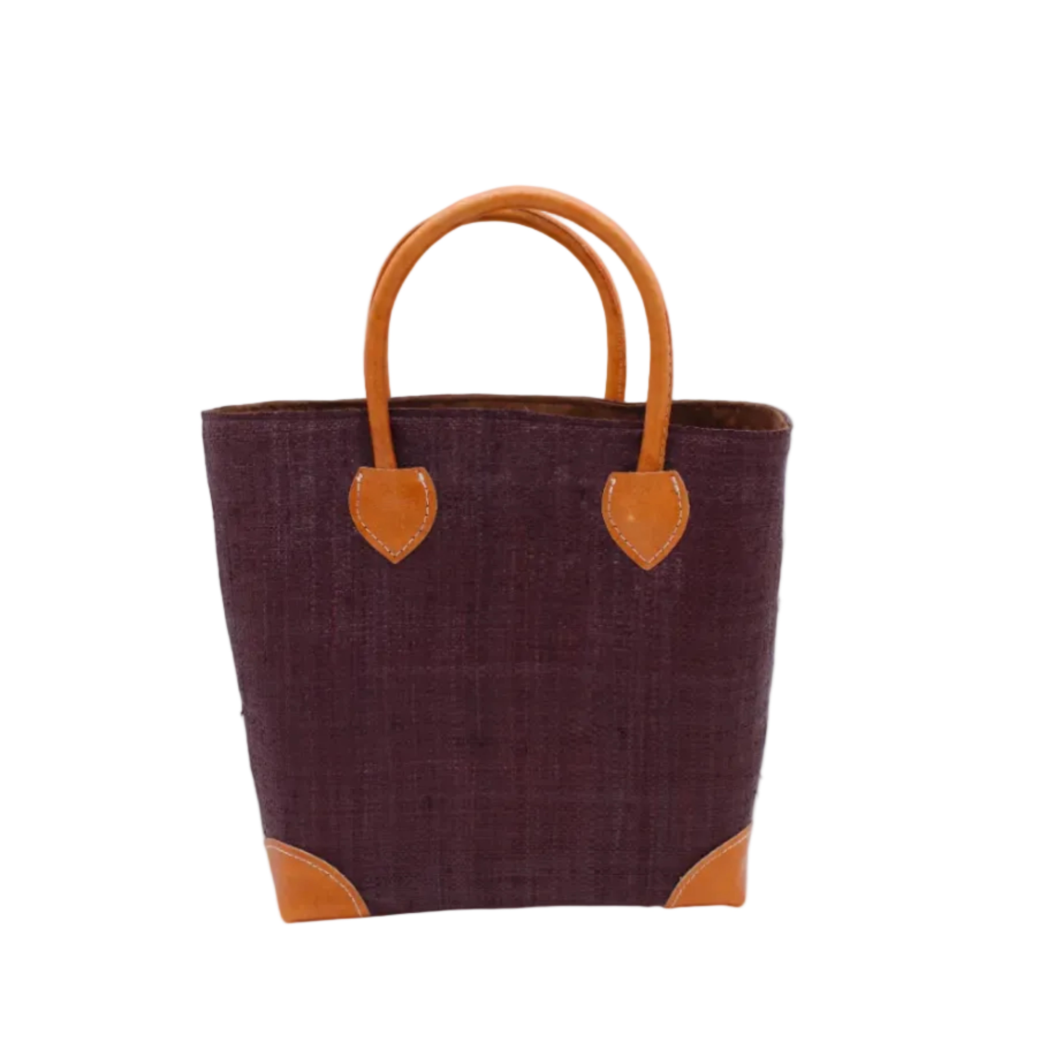 Augustine Straw Basket Bag Mocha handmade loomed raffia palm fiber in a solid hue of mocha chocolate/dark/brown handbag purse with leather accents and handles beach bag - Shebobo