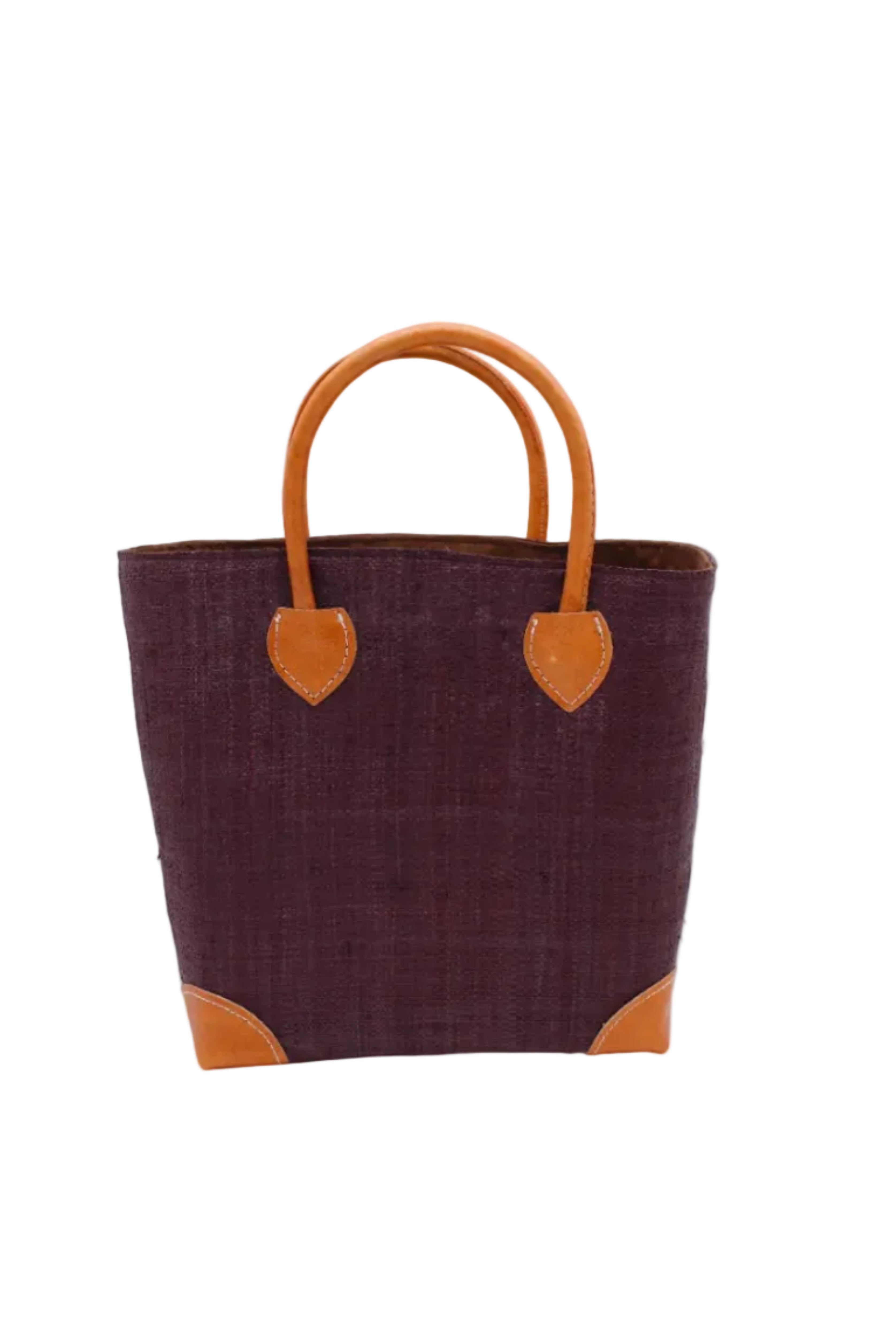 Augustine Straw Basket Bag Mocha handmade loomed raffia palm fiber in a solid hue of mocha chocolate/dark/brown handbag purse with leather accents and handles beach bag - Shebobo