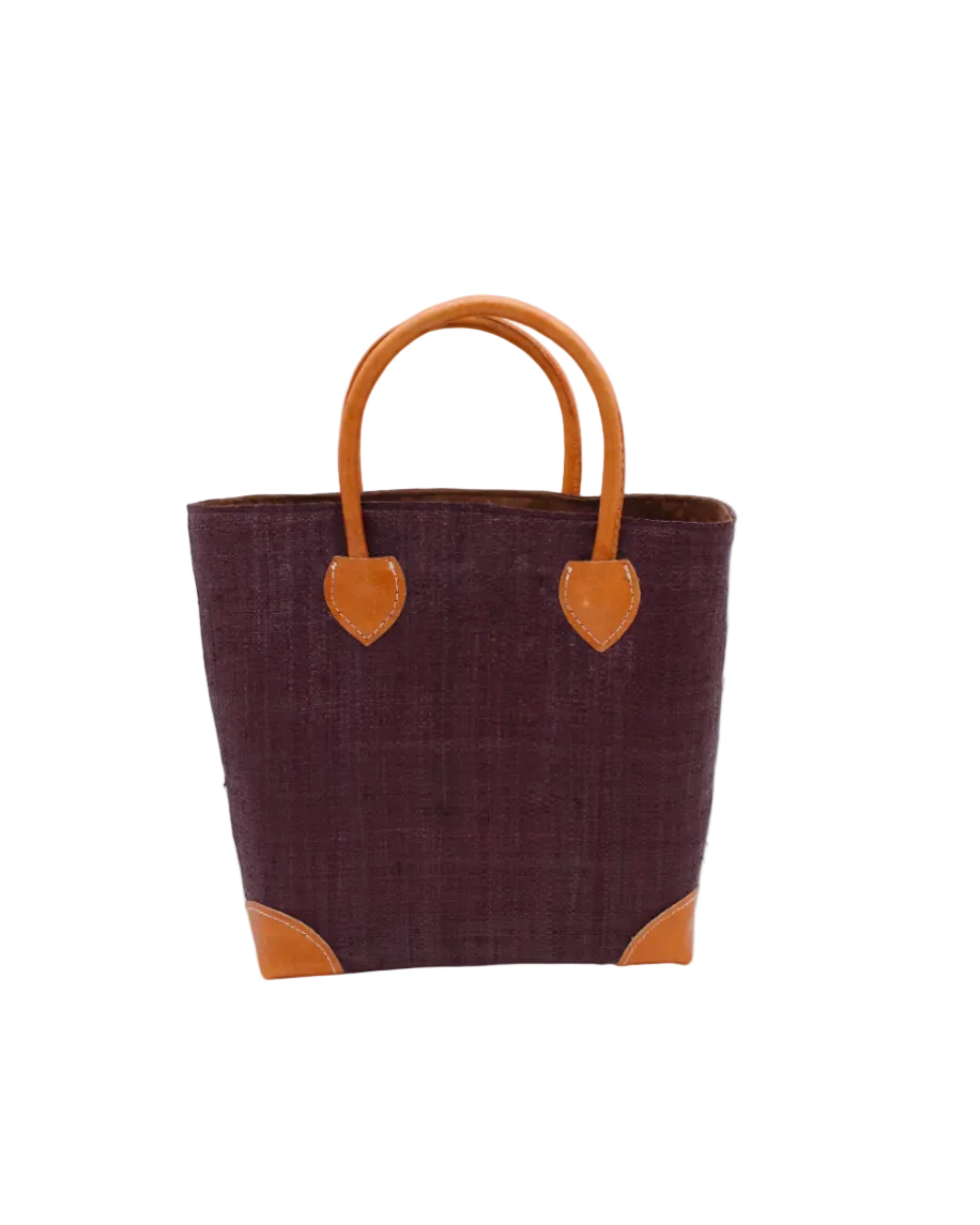 Augustine Straw Basket Bag Mocha handmade loomed raffia palm fiber in a solid hue of mocha chocolate/dark/brown handbag purse with leather accents and handles beach bag - Shebobo