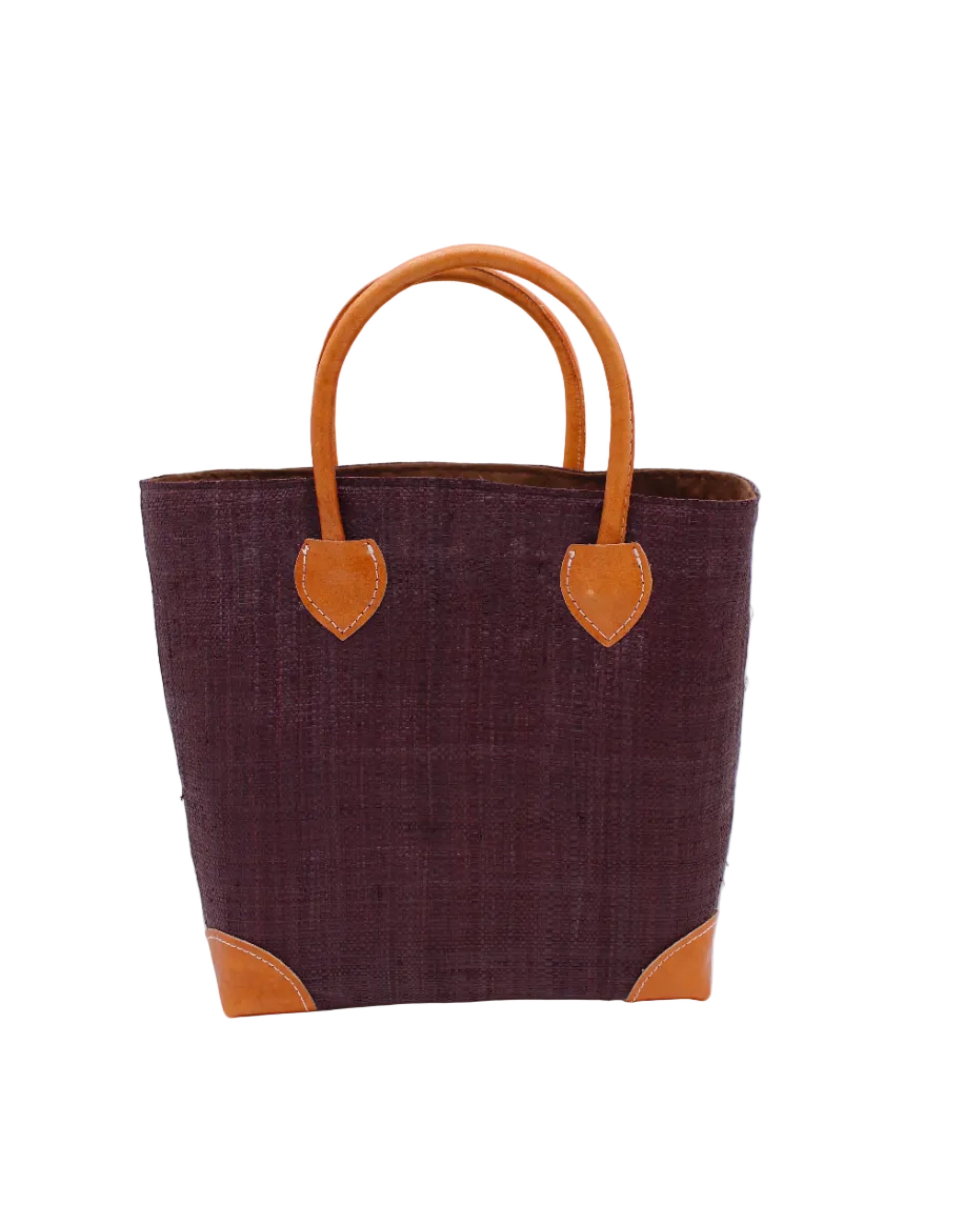 Augustine Straw Basket Bag Mocha handmade loomed raffia palm fiber in a solid hue of mocha chocolate/dark/brown handbag purse with leather accents and handles beach bag - Shebobo