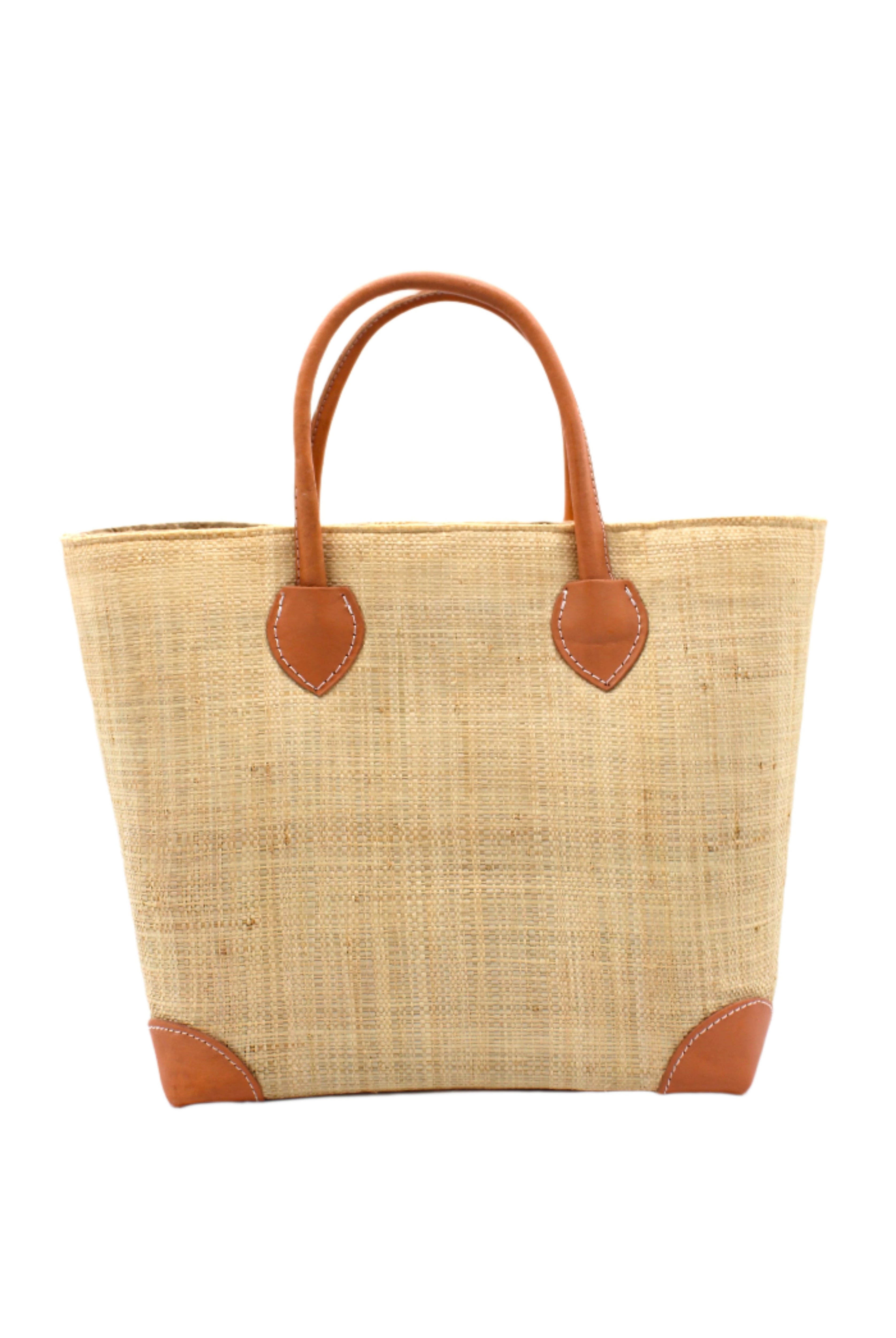 Augustine Straw Basket Bag Natural handmade loomed raffia palm fiber in a solid hue of natural straw color handbag purse with leather accents and handles beach bag - Shebobo