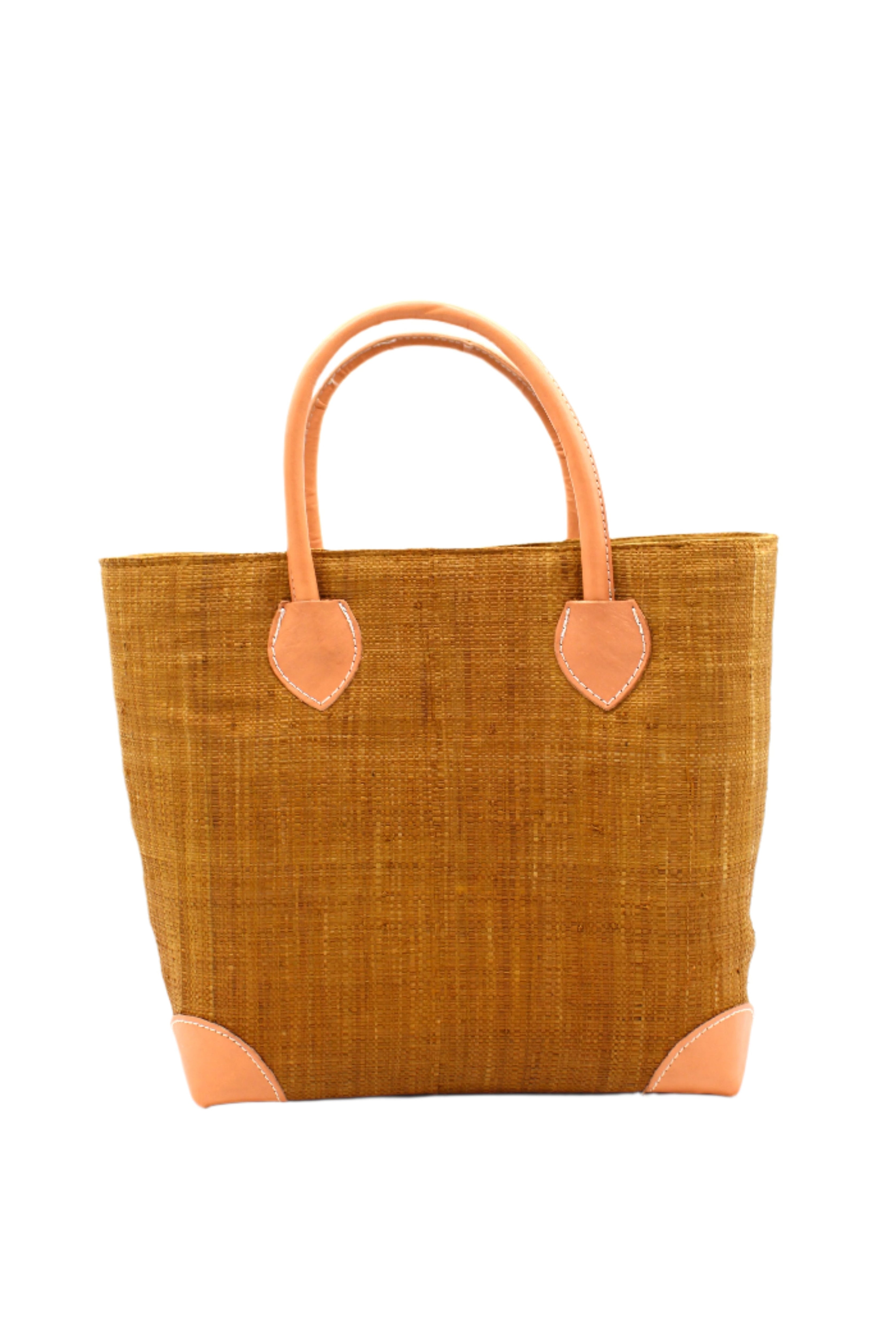 Augustine Straw Basket Bag Cinnamon handmade loomed raffia palm fiber in a solid hue of cinnamon/tobacco/brown handbag purse with leather accents and handles beach bag - Shebobo