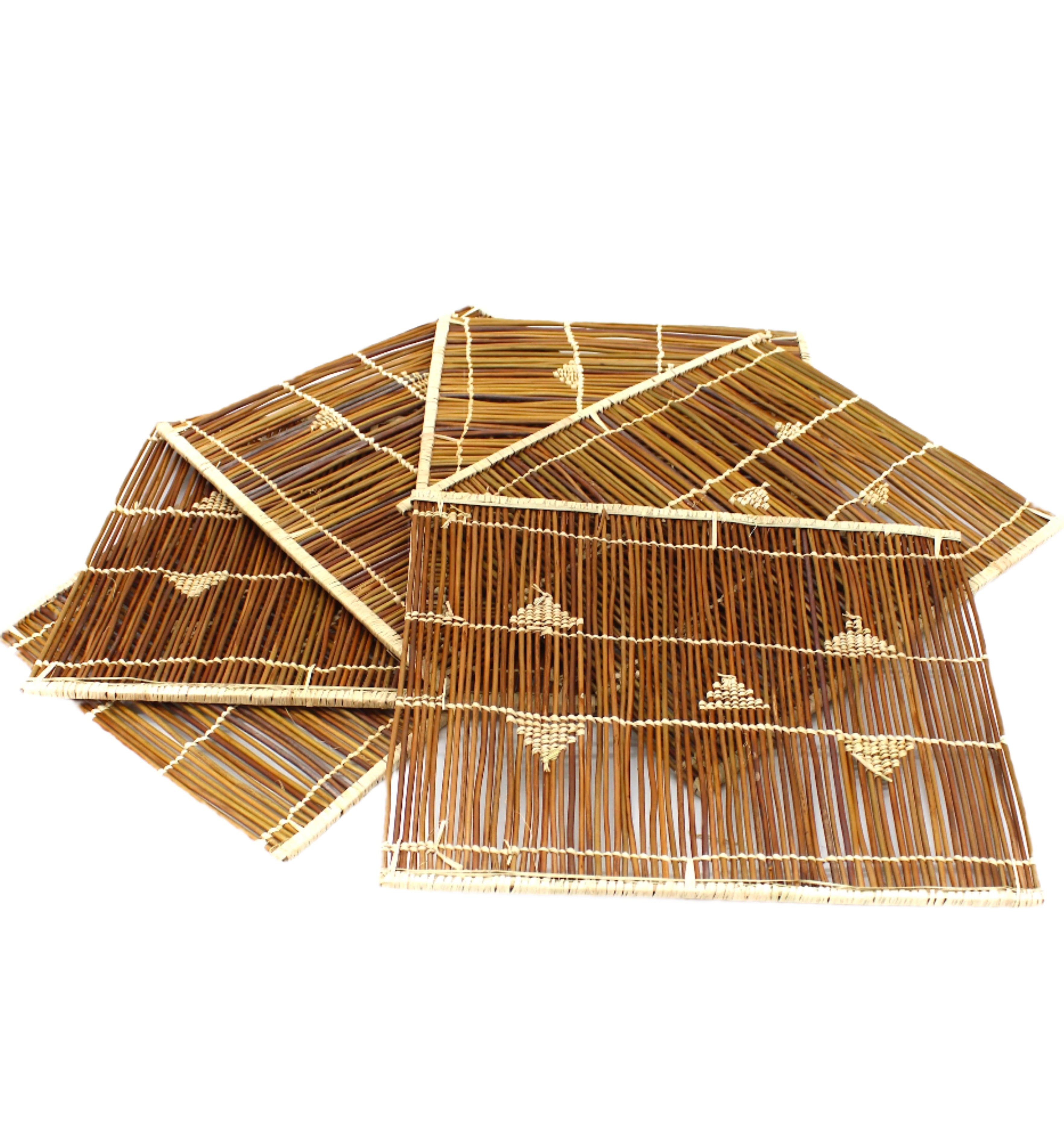 Baraka Square Reed and Raffia Straw Placemats Sets of 6 handmade natural reed and woven raffia palm fiber in a natural multicolor hue of dark brown, reddish brown, and straw color with woven triangle detailing, parallel banding, and loop edging embellishment set of six - Shebobo