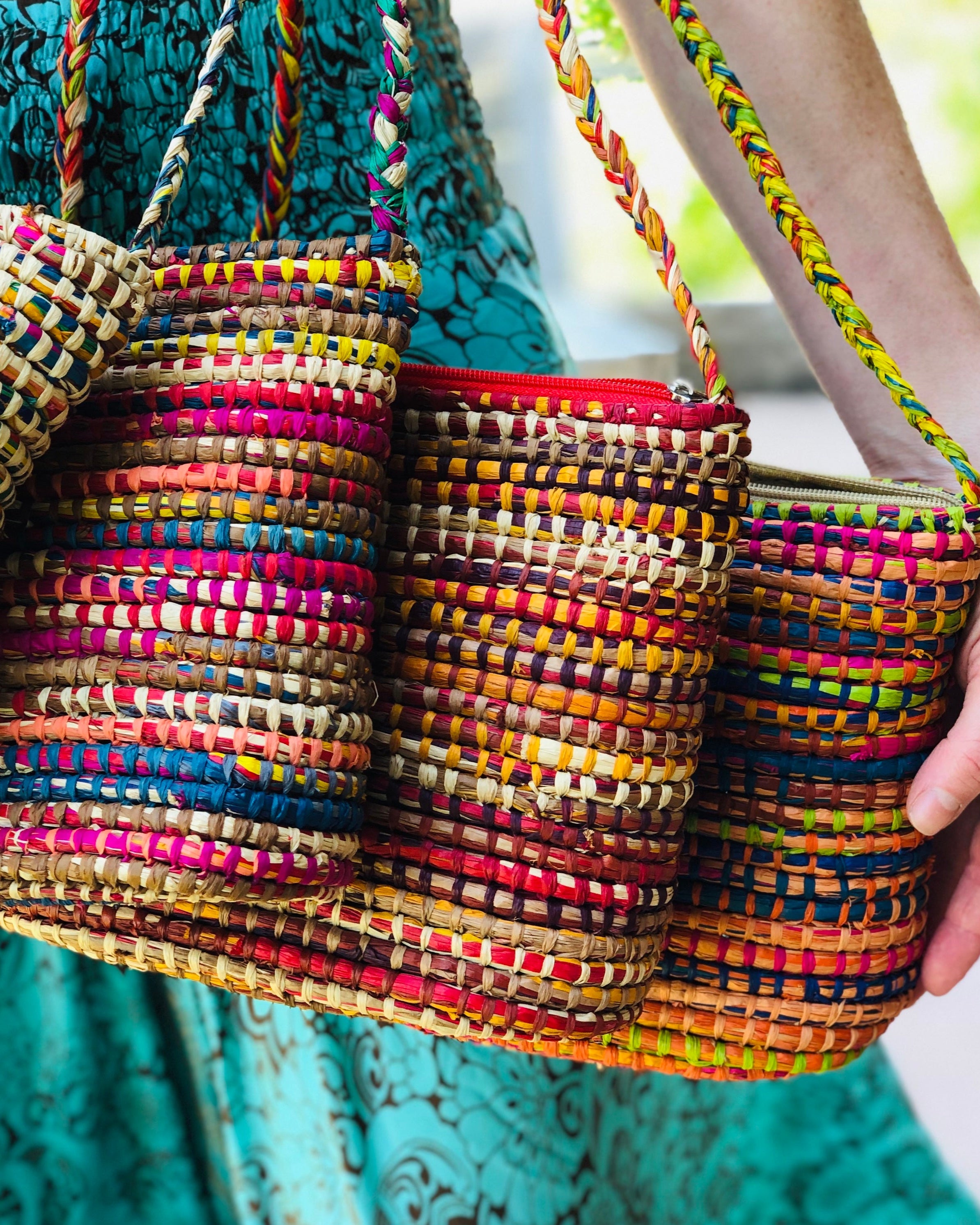 Model wearing Barbados multicolor handmade crochet raffia crossbody bag bright purse assorted colors shipped - Shebobo