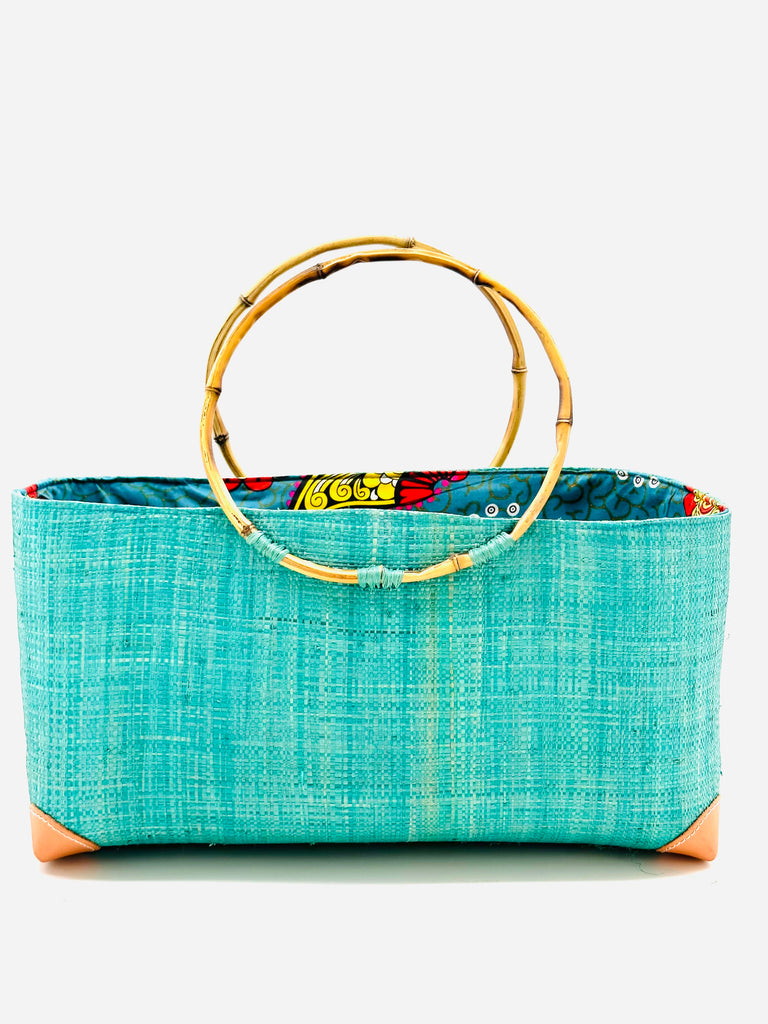 Bebe Straw Handbag with Bamboo Handle Seafoam blue/green with Assorted African Print Liner Purse - Shebobo