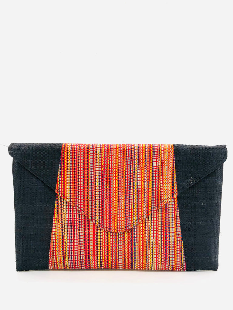 Belvedere Multicolor Straw Clutch handmade loomed raffia solid black sides with centered heathered melange pattern of red, orange, blue, yellow, natural, black etc. multicolor accent envelope pouch purse handbag - Shebobo