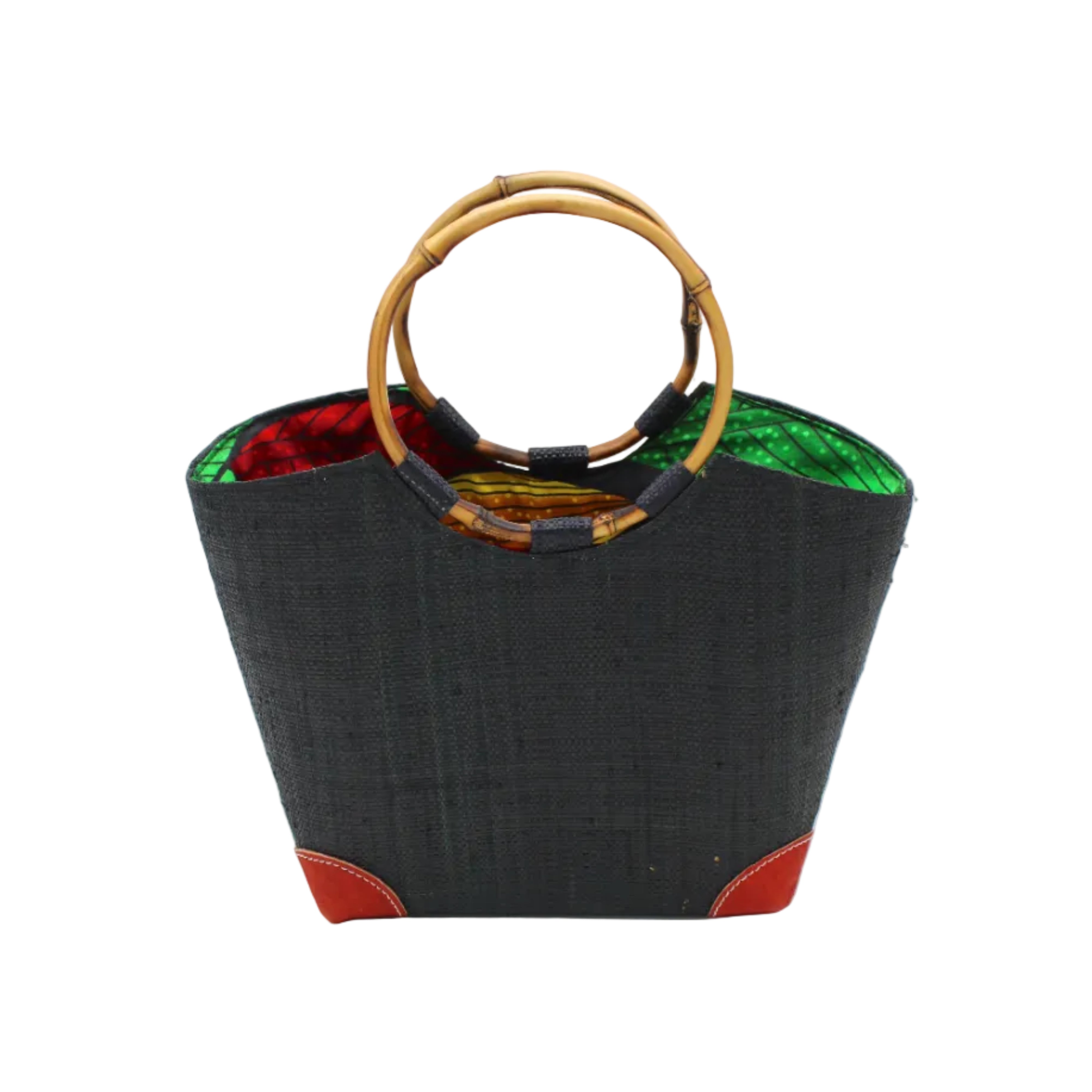 Betty Straw Bucket Bag with Bamboo Handles handmade loomed natural raffia palm fiber in a solid hue of black with circular bamboo handles, leather feet, and colorful African Print wax cloth liner handbag purse tote - Shebobo