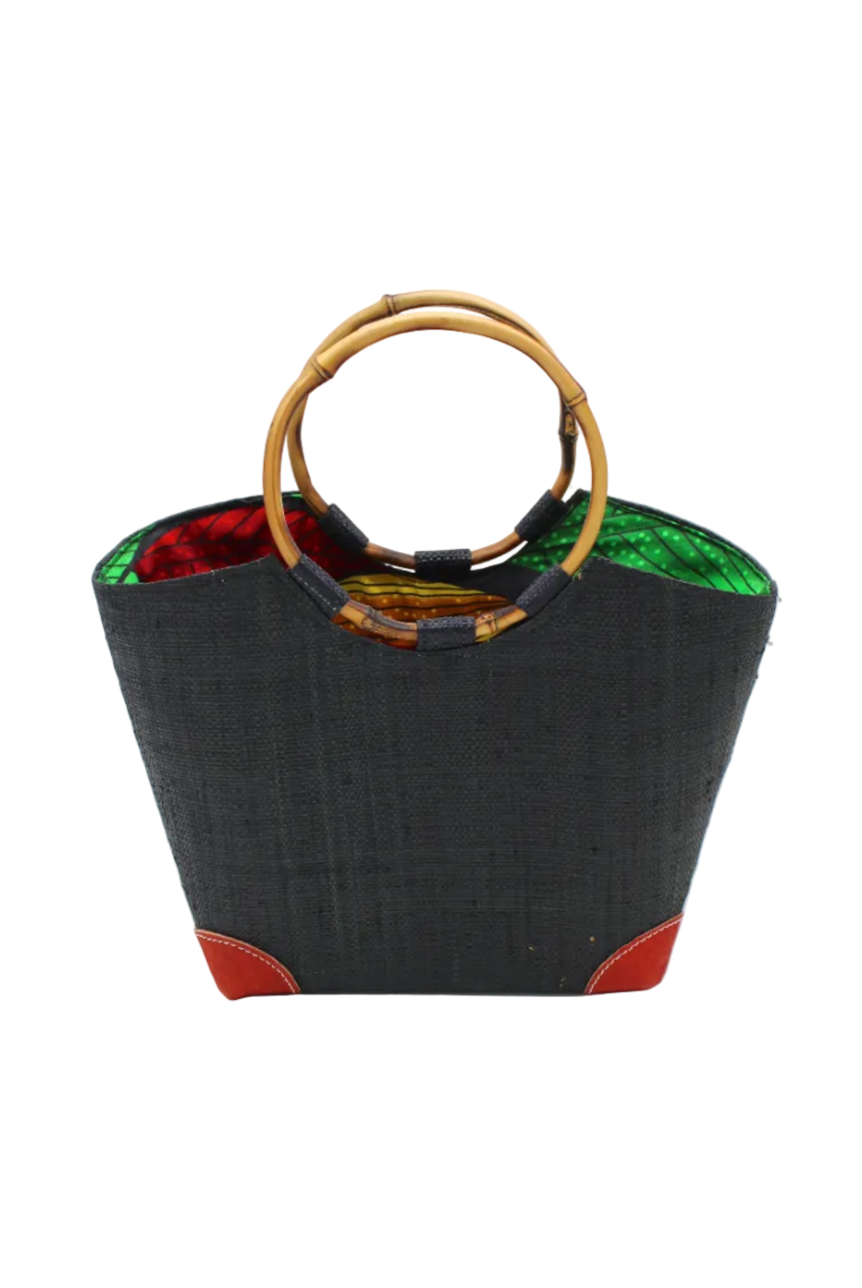 Betty Straw Bucket Bag with Bamboo Handles handmade loomed natural raffia palm fiber in a solid hue of black with circular bamboo handles, leather feet, and colorful African Print wax cloth liner handbag purse tote - Shebobo