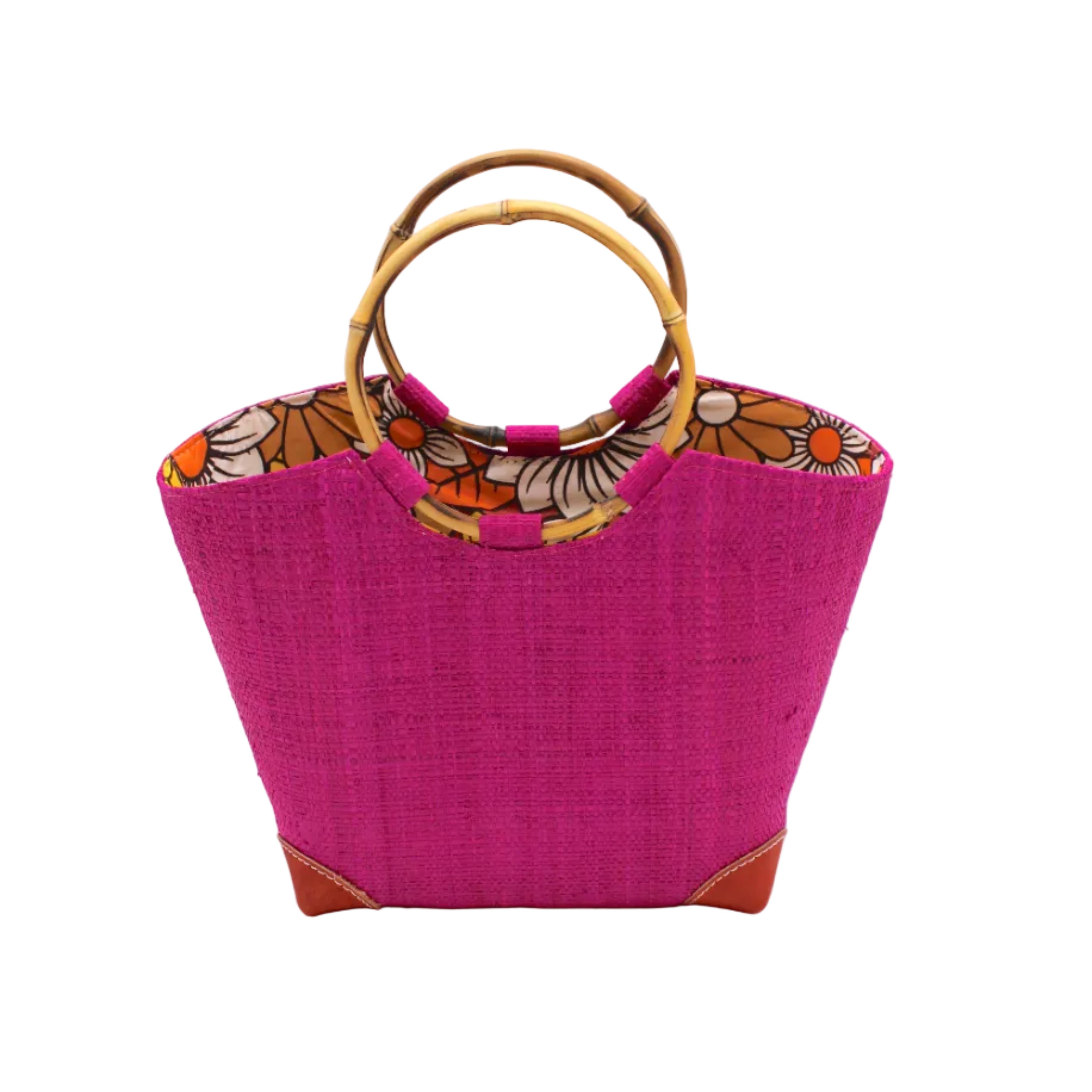 Betty Straw Bucket Bag with Bamboo Handles handmade loomed natural raffia palm fiber in a solid hue of fuchsia hot/bright/barbie/pink with circular bamboo handles, leather feet, and colorful African Print wax cloth liner handbag purse tote - Shebobo