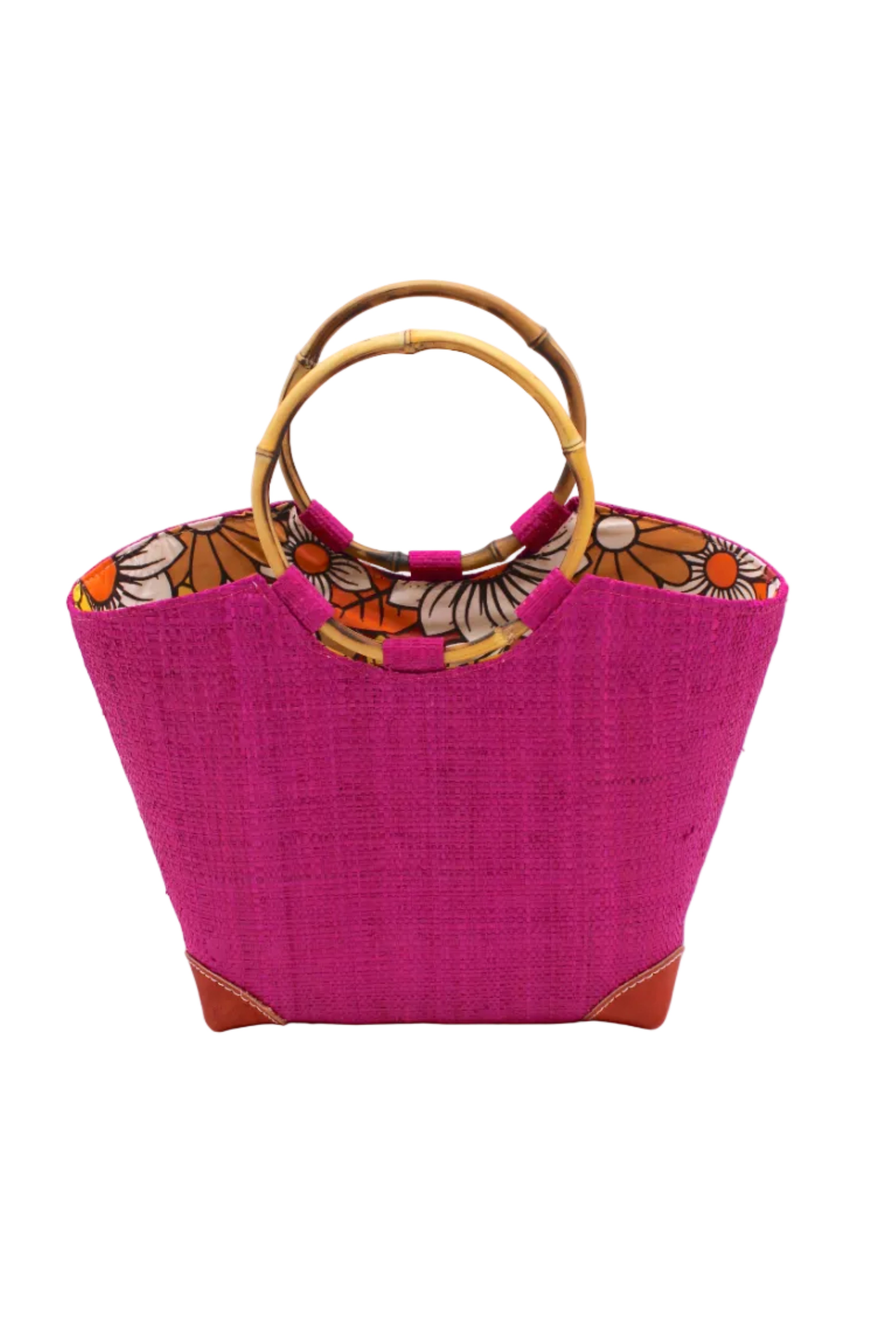 Betty Straw Bucket Bag with Bamboo Handles handmade loomed natural raffia palm fiber in a solid hue of fuchsia hot/bright/barbie/pink with circular bamboo handles, leather feet, and colorful African Print wax cloth liner handbag purse tote - Shebobo