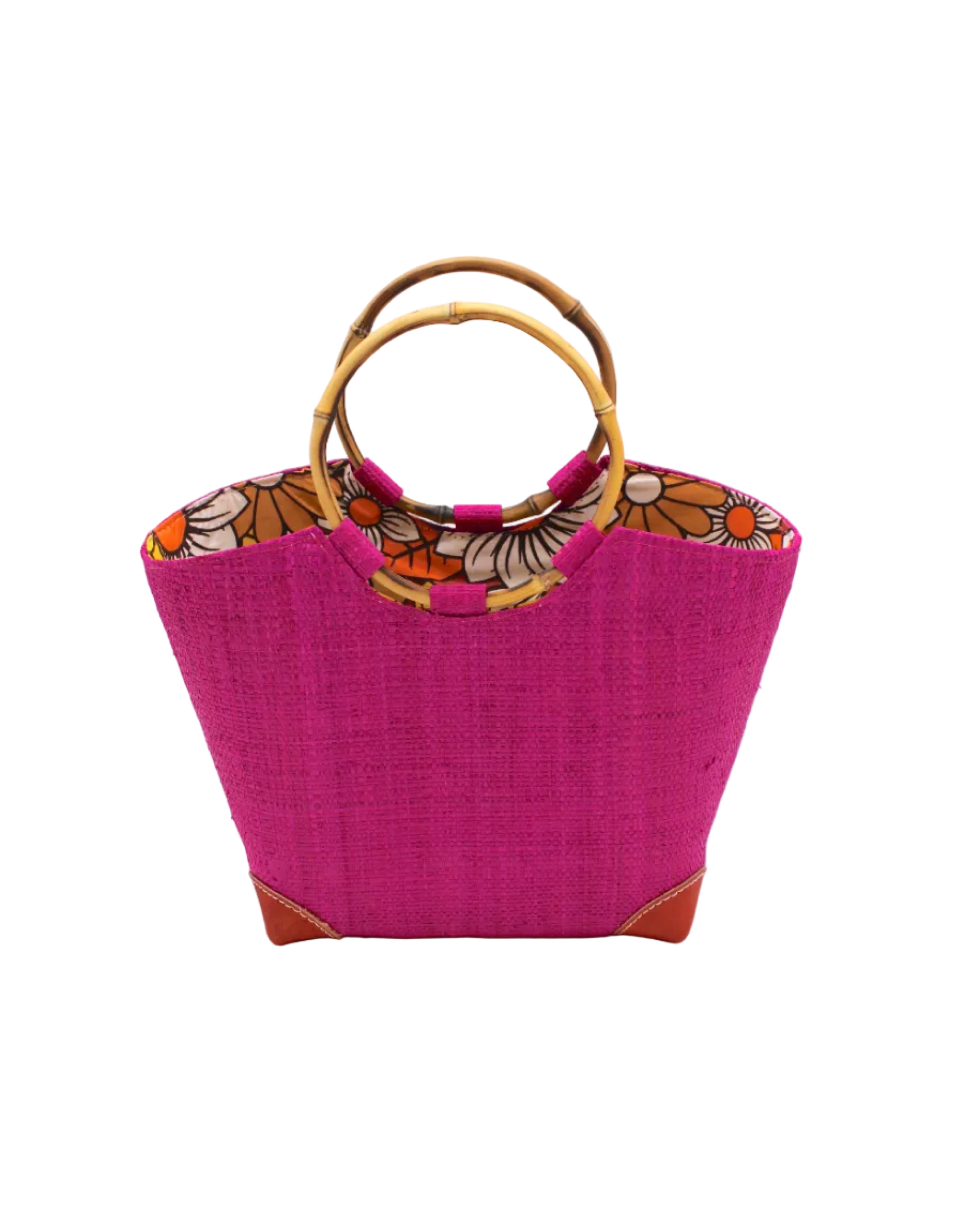 Betty Straw Bucket Bag with Bamboo Handles handmade loomed natural raffia palm fiber in a solid hue of fuchsia hot/bright/barbie/pink with circular bamboo handles, leather feet, and colorful African Print wax cloth liner handbag purse tote - Shebobo
