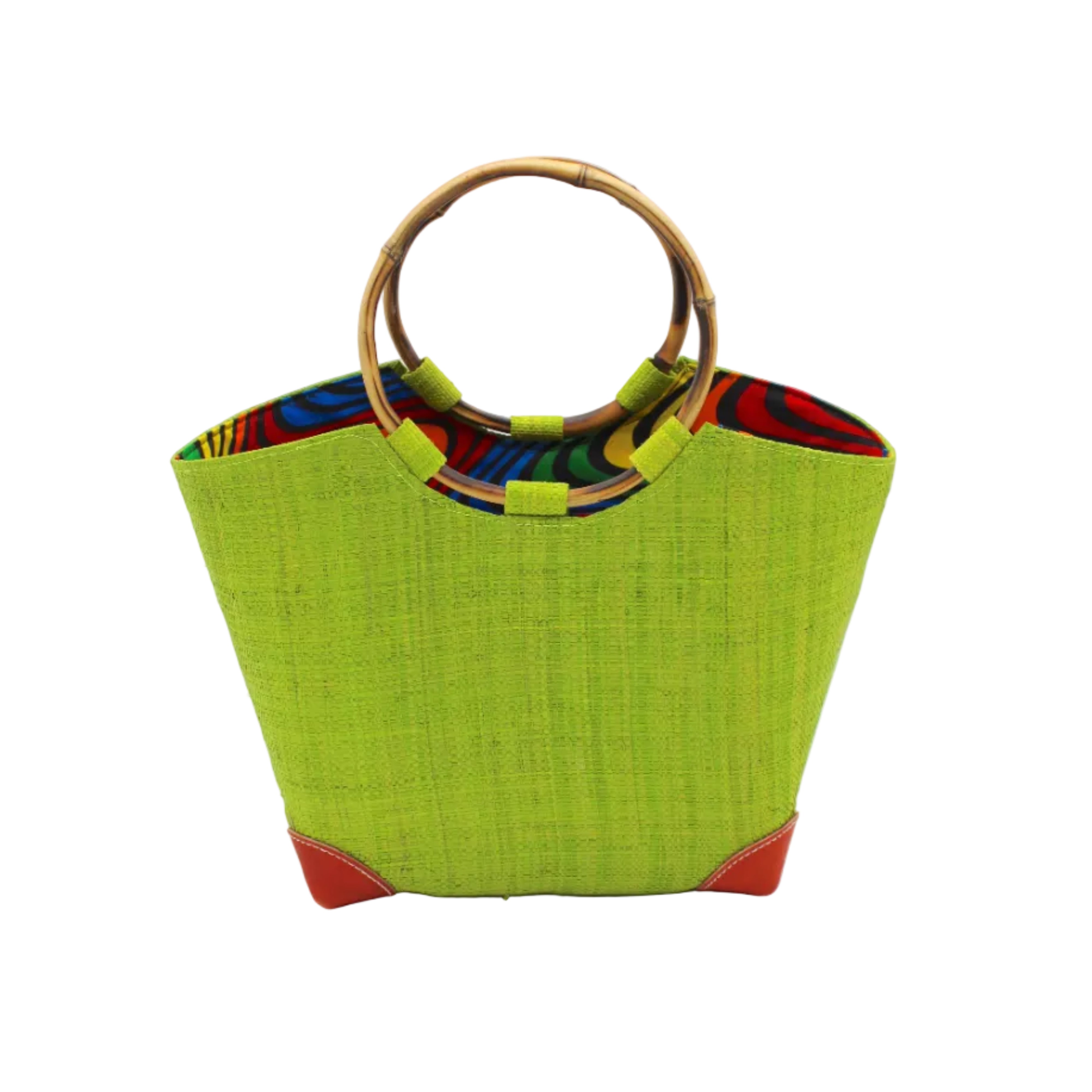 Betty Straw Bucket Bag with Bamboo Handles handmade loomed natural raffia palm fiber in a solid hue of midori bright/neon/lime/green with circular bamboo handles, leather feet, and colorful African Print wax cloth liner handbag purse tote - Shebobo