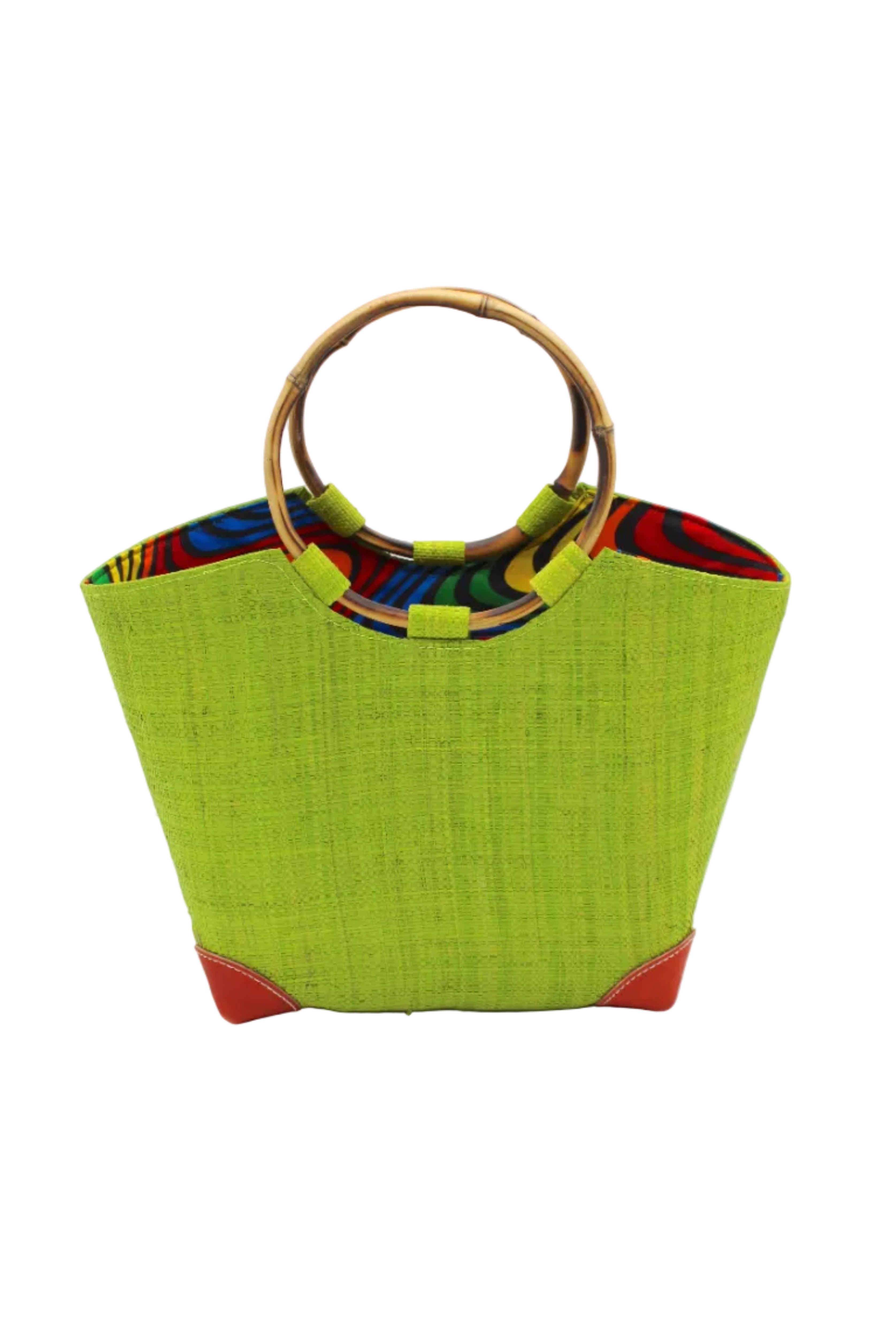 Betty Straw Bucket Bag with Bamboo Handles handmade loomed natural raffia palm fiber in a solid hue of midori bright/neon/lime/green with circular bamboo handles, leather feet, and colorful African Print wax cloth liner handbag purse tote - Shebobo