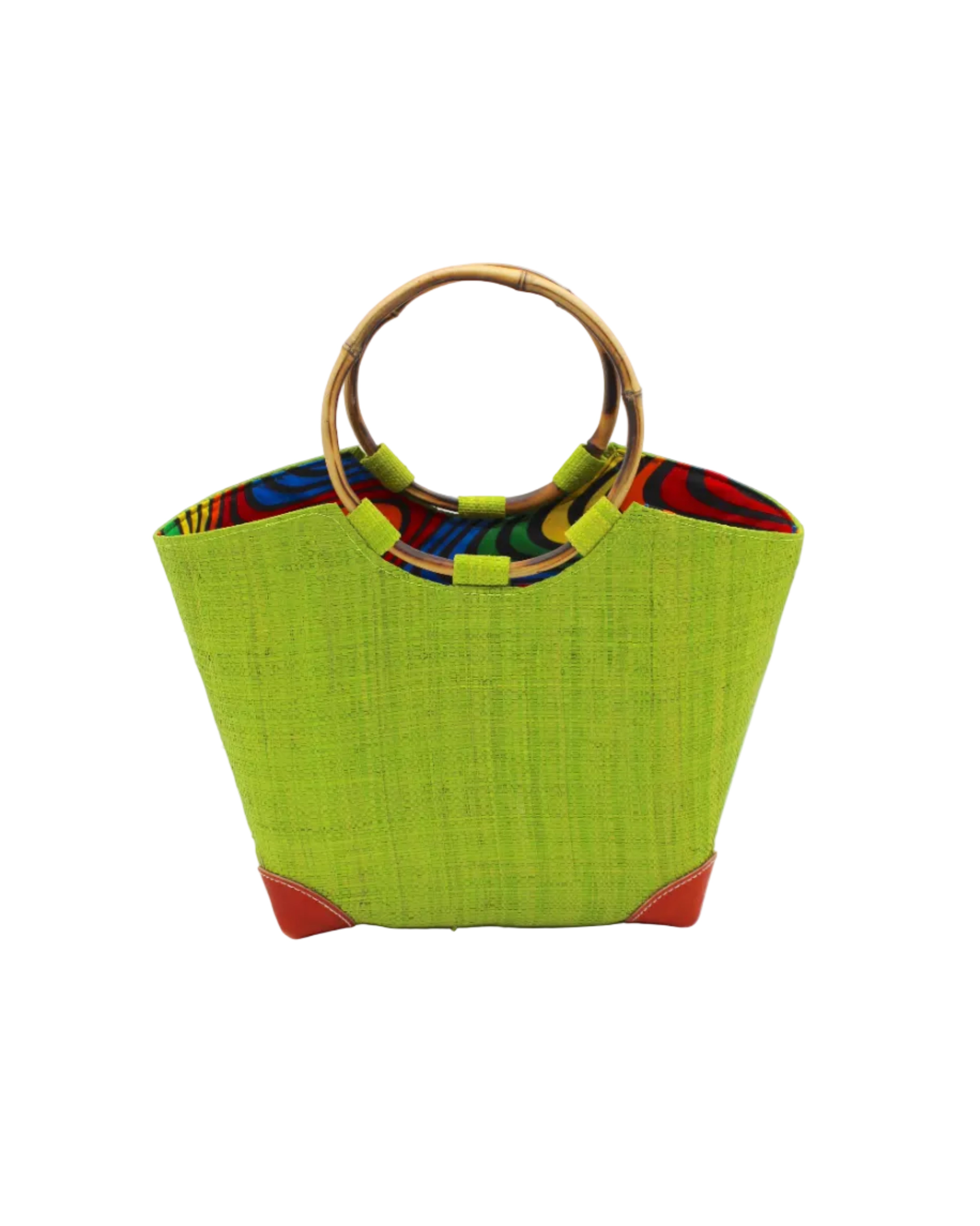 Betty Straw Bucket Bag with Bamboo Handles handmade loomed natural raffia palm fiber in a solid hue of midori bright/neon/lime/green with circular bamboo handles, leather feet, and colorful African Print wax cloth liner handbag purse tote - Shebobo