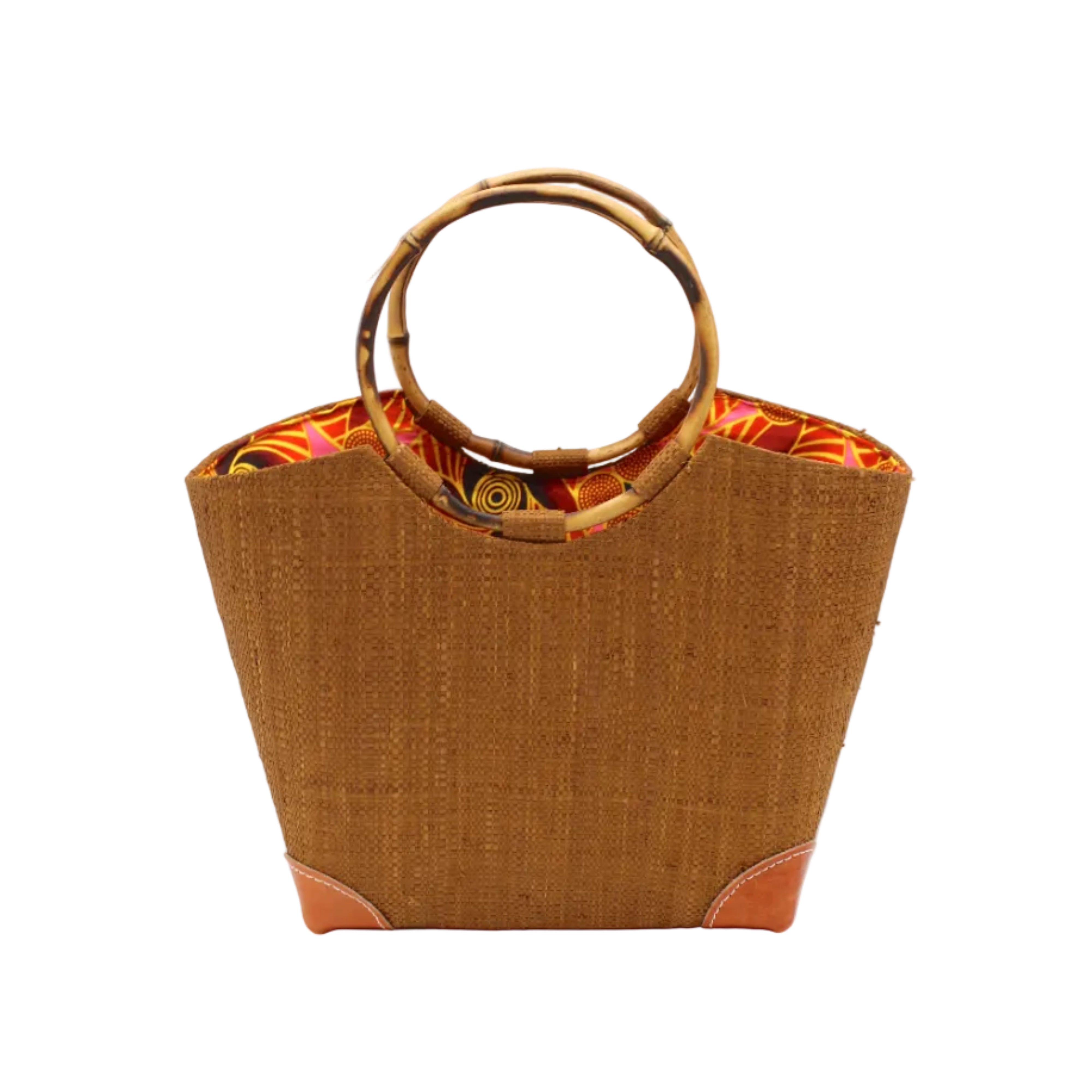 Betty Straw Bucket Bag with Bamboo Handles handmade loomed natural raffia palm fiber in a solid hue of tobacco cinnamon/dark/brown with circular bamboo handles, leather feet, and colorful African Print wax cloth liner handbag purse tote - Shebobo