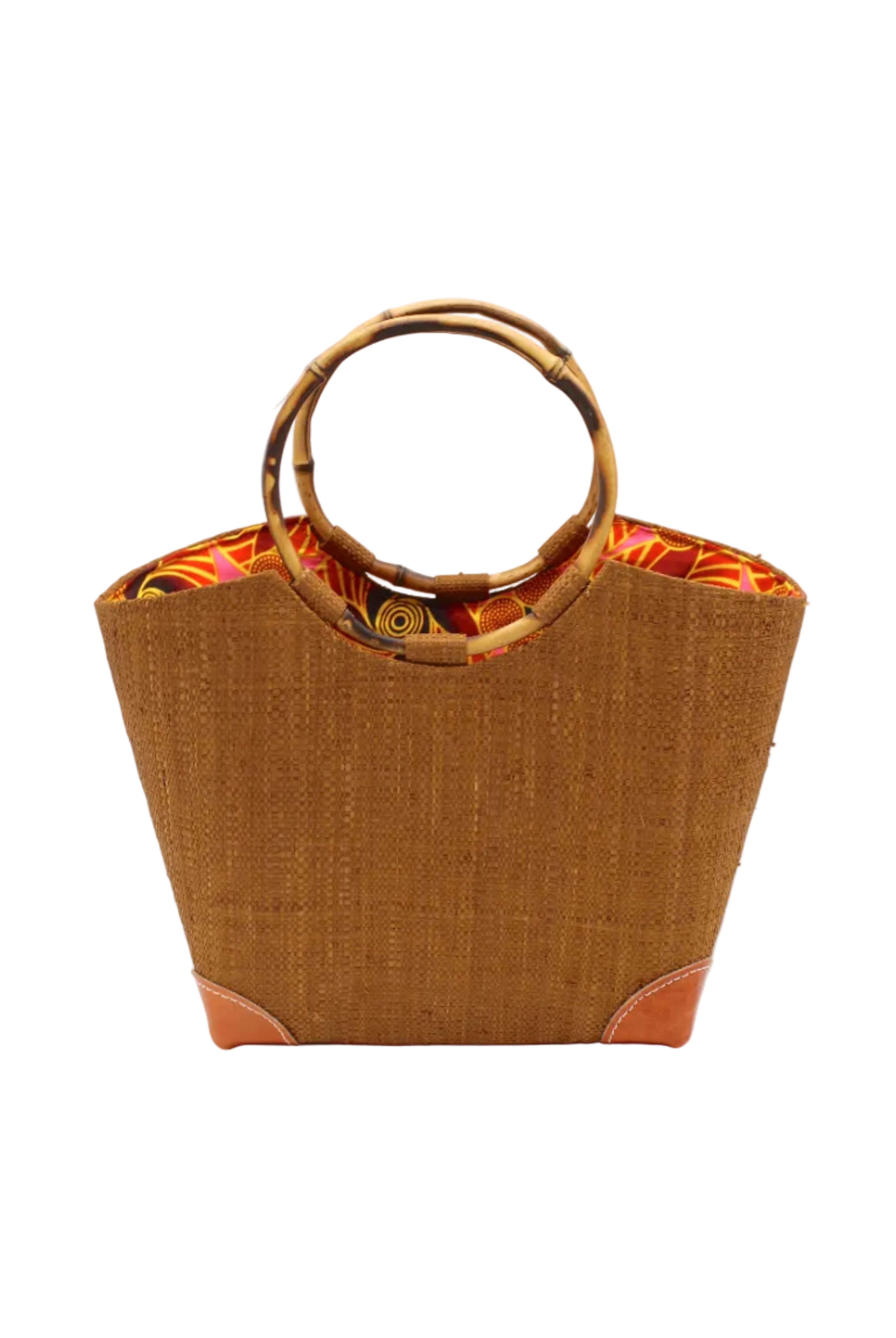 Betty Straw Bucket Bag with Bamboo Handles handmade loomed natural raffia palm fiber in a solid hue of tobacco cinnamon/dark/brown with circular bamboo handles, leather feet, and colorful African Print wax cloth liner handbag purse tote - Shebobo